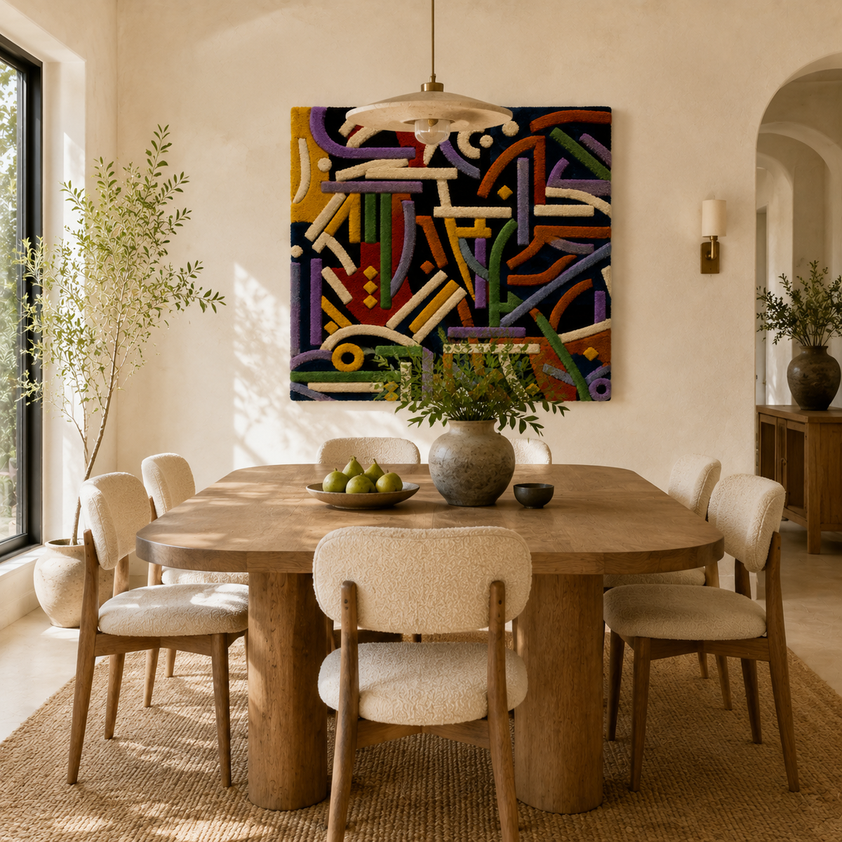 Colorful Chromatic Threadwork wall art by Hewn Earth featuring intricate thread patterns and vibrant hues on a canvas background.