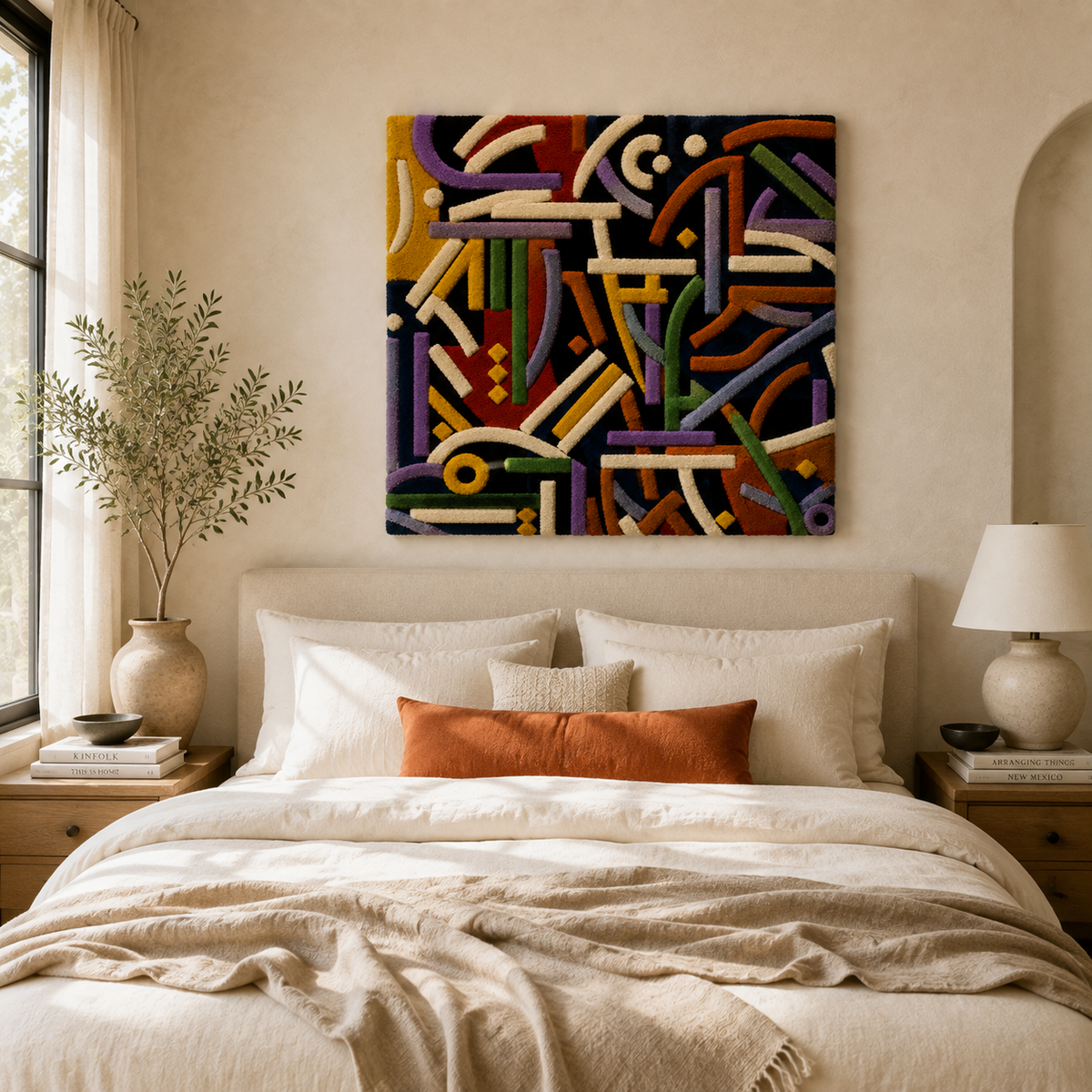 Chromatic Threadwork wall art by Hewn Earth, featuring vibrant, intricate textile patterns on a neutral background.