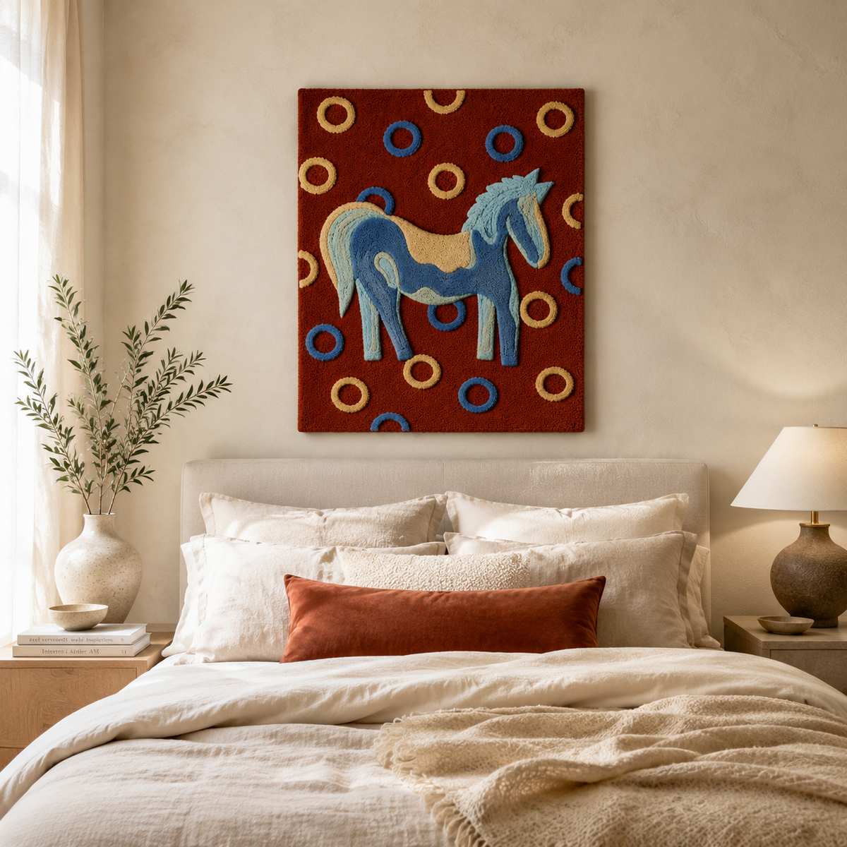 Cerulean Ring Horse wall art by Hewn Earth, featuring a vibrant blue horse design on a decorative wall art piece.