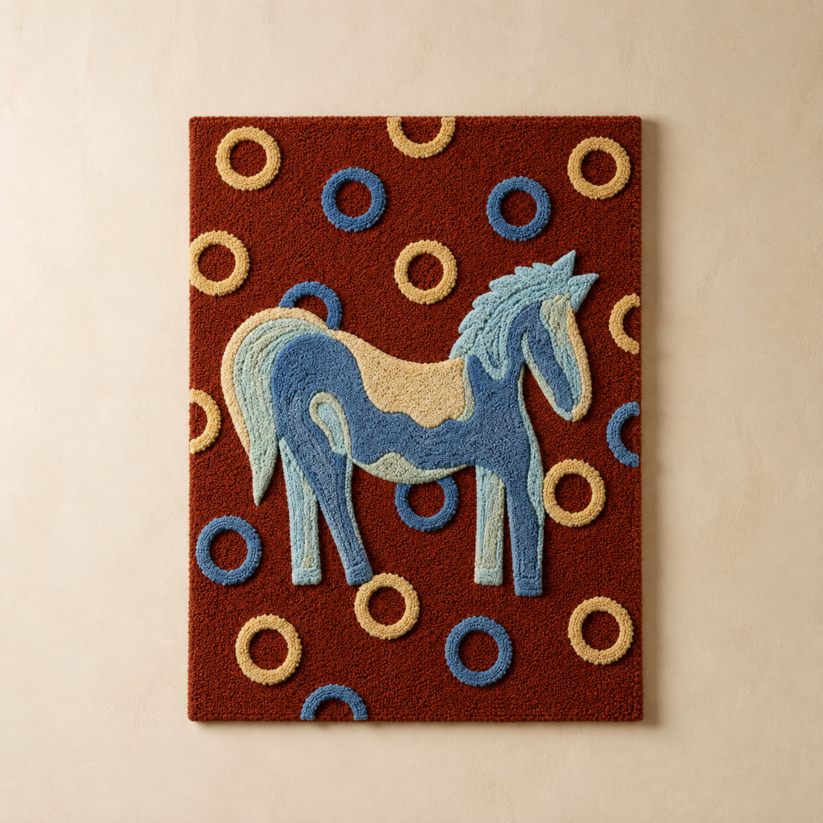 Cerulean Ring Horse wall art by Hewn Earth, featuring a vibrant blue horse design on a wall.