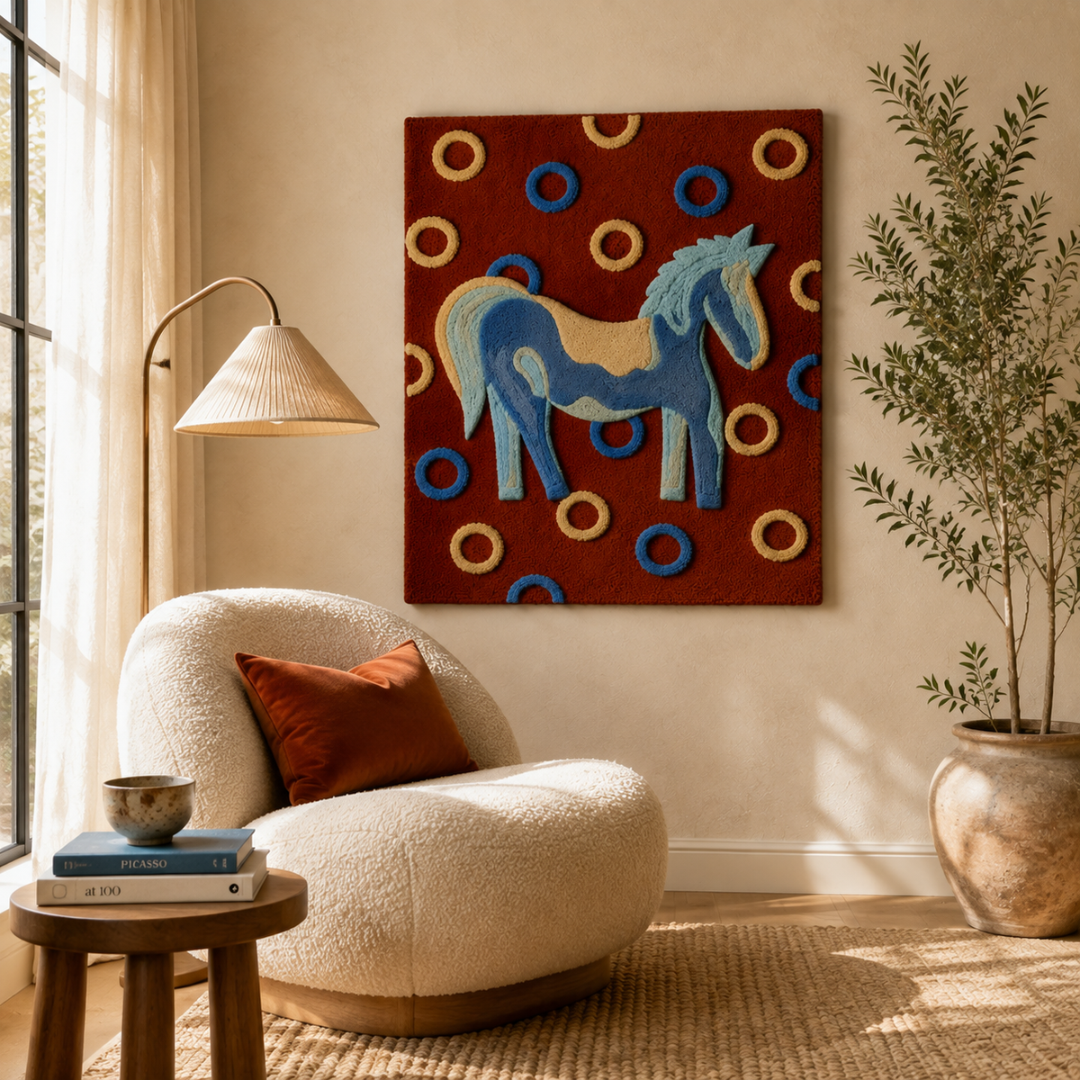 Cerulean Ring Horse wall art by Hewn Earth featuring a vibrant blue horse design, ideal for modern home decor.