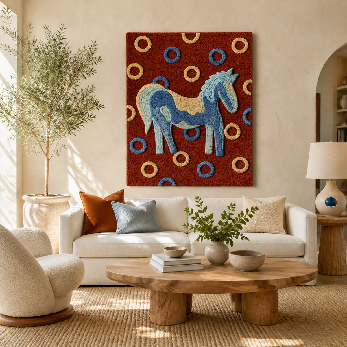 Cerulean wall art featuring a horse design by Hewn Earth, showcasing vibrant blue tones and intricate details in a decorative piece.