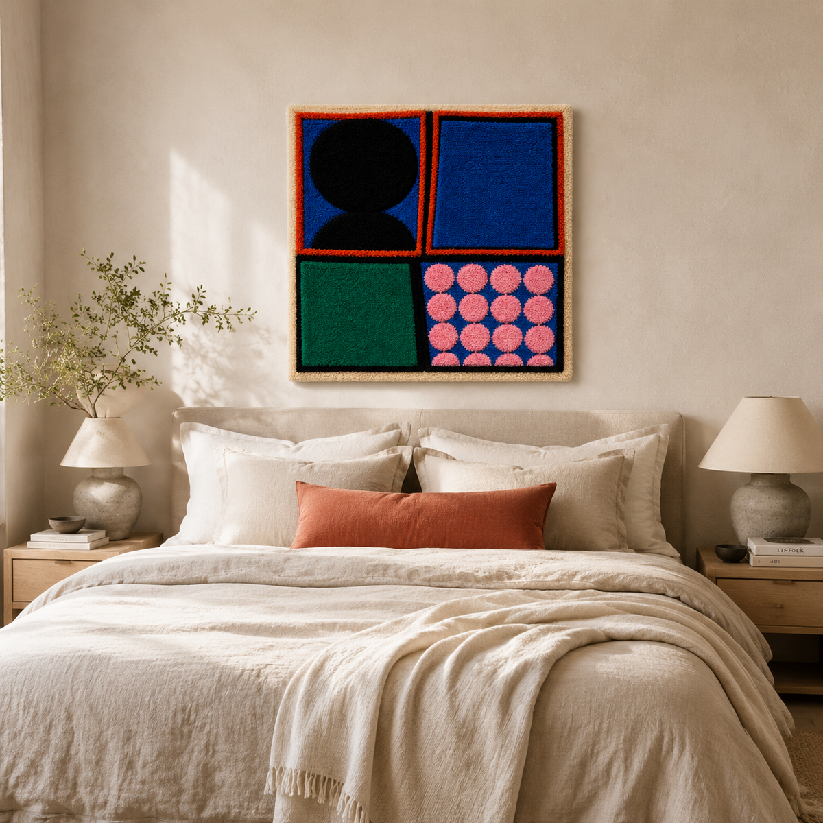 Hewn Earth Rose Dot Quadrants wall art displayed in a room, featuring a geometric design with pink and neutral tones.