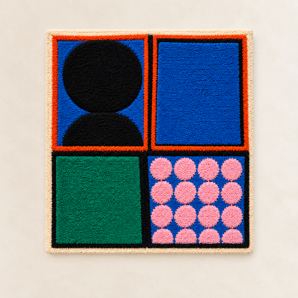 Hewn Earth Rose Dot Quadrants wall art featuring a modern geometric design with pink and neutral tones.