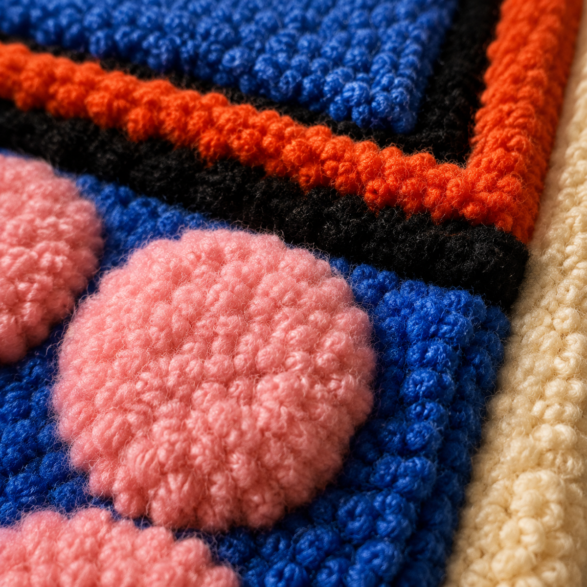 Close-up of Hewn Earth Rose Dot Quadrants wall art showcasing pink and red dot patterns on a neutral background.