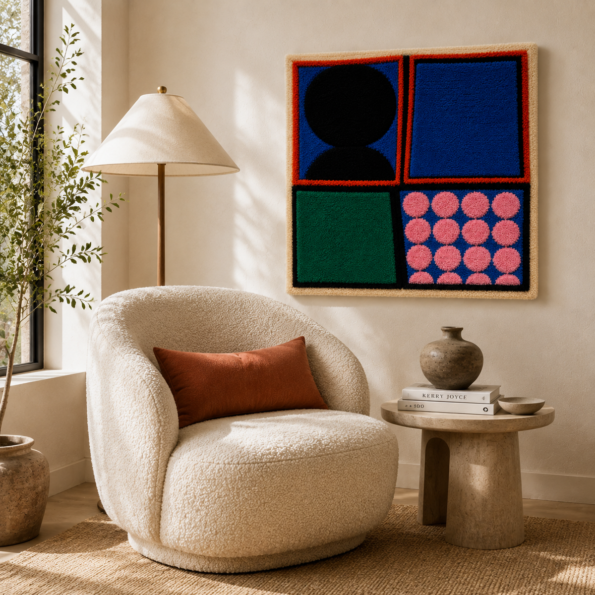 Hewn Earth Rose Dot Quadrants wall art featuring circular pink and beige geometric patterns on a neutral background.
