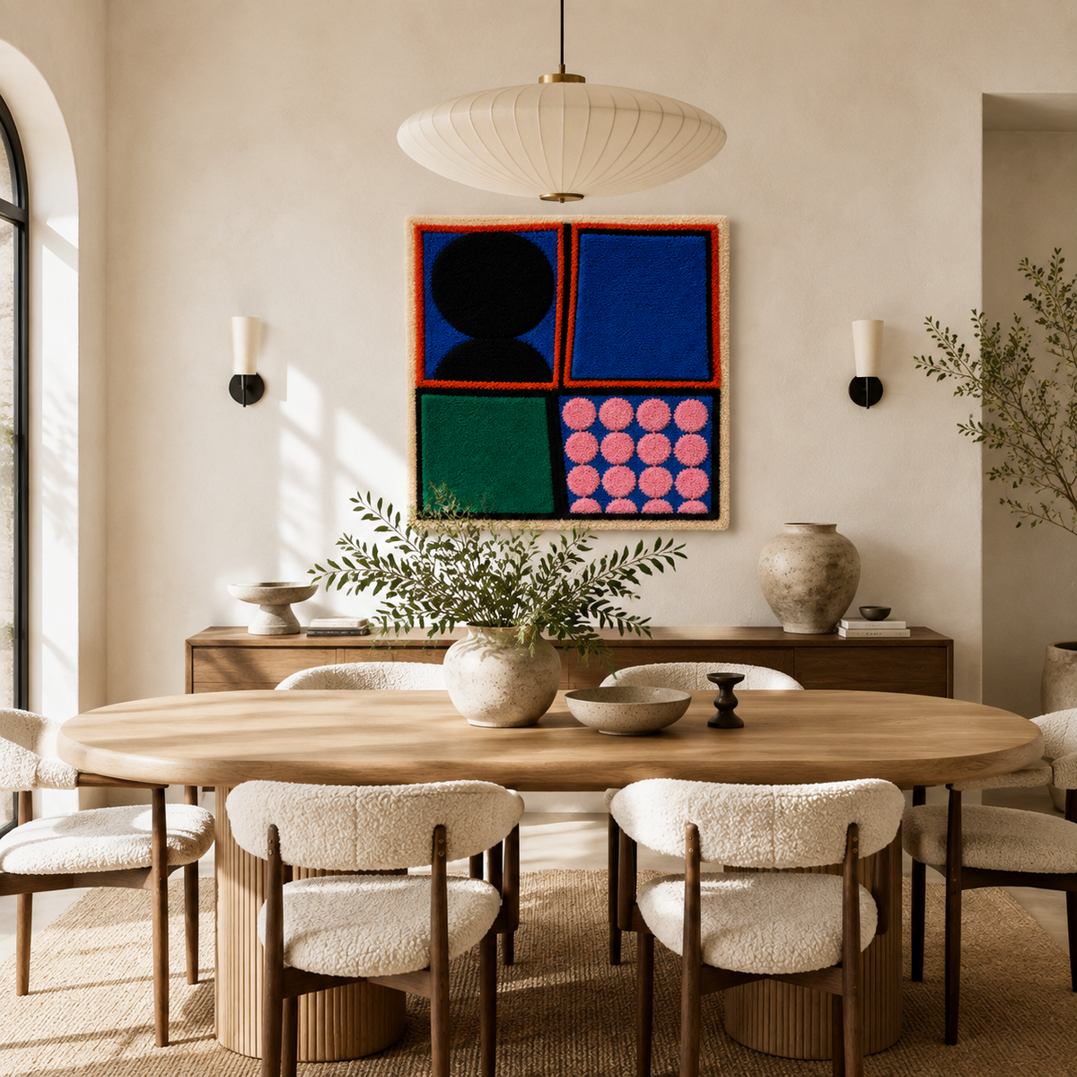 Hewn Earth Rose Dot Quadrants wall art featuring geometric rose patterns in soft pinks and neutral tones on a white background.