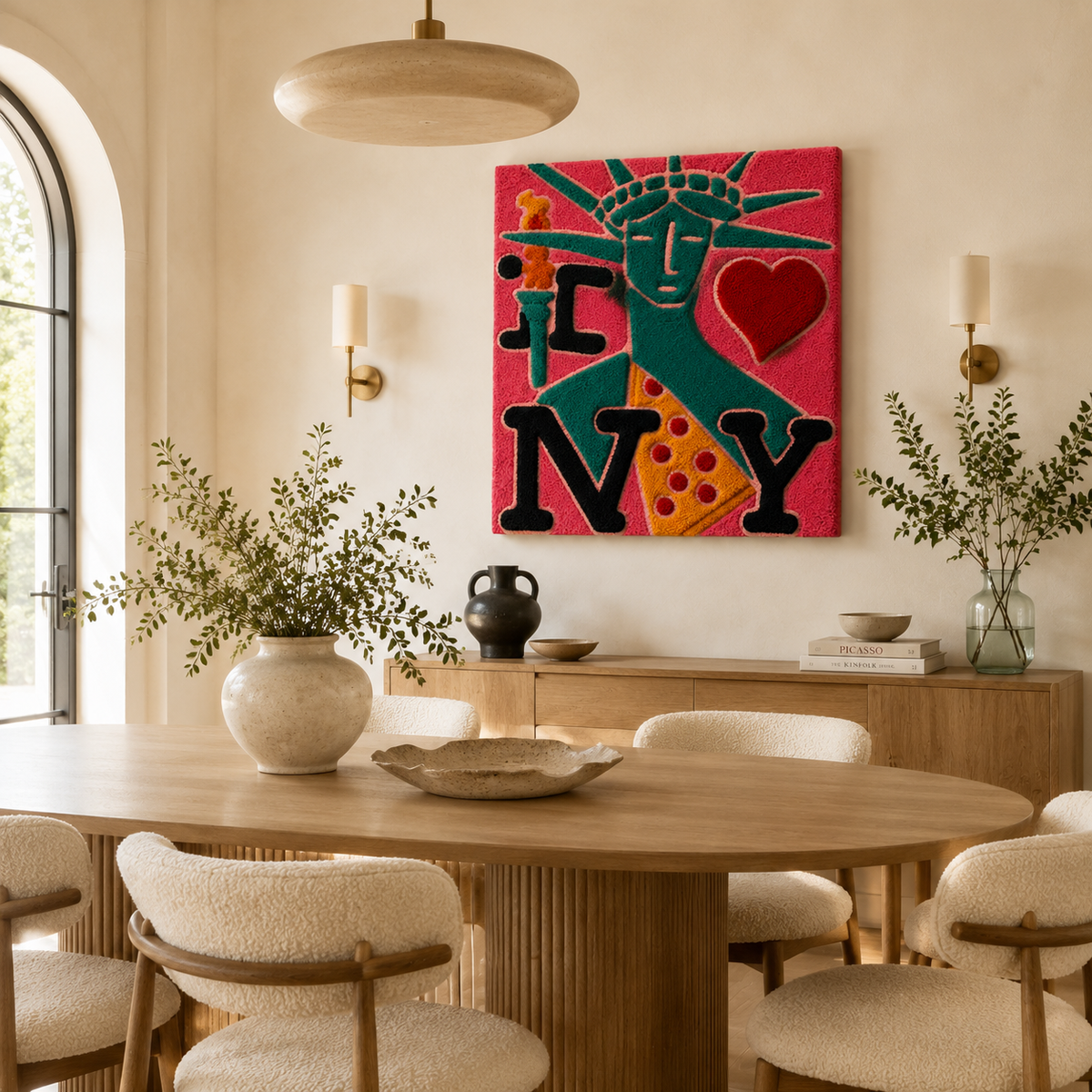 Hewn Earth Liberty Heart Pop wall art featuring a colorful abstract heart design, mounted on a neutral room wall.