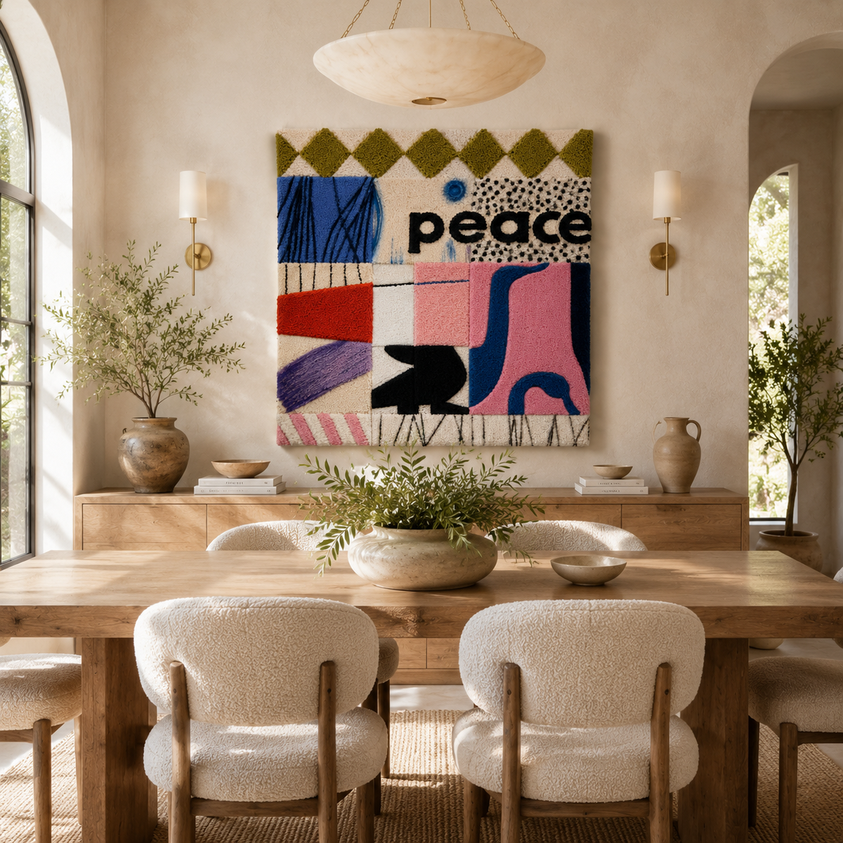 Peace Cat Patchwork wall art by Hewn Earth featuring a colorful, quilted cat design on a modern room wall.
