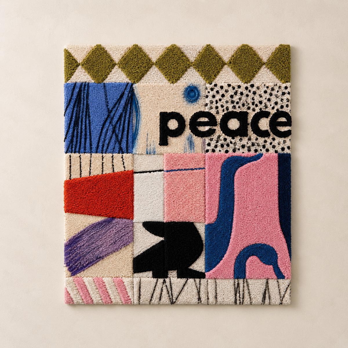 Peace Cat Patchwork wall art by Hewn Earth featuring a colorful, patchwork cat design on a light background.