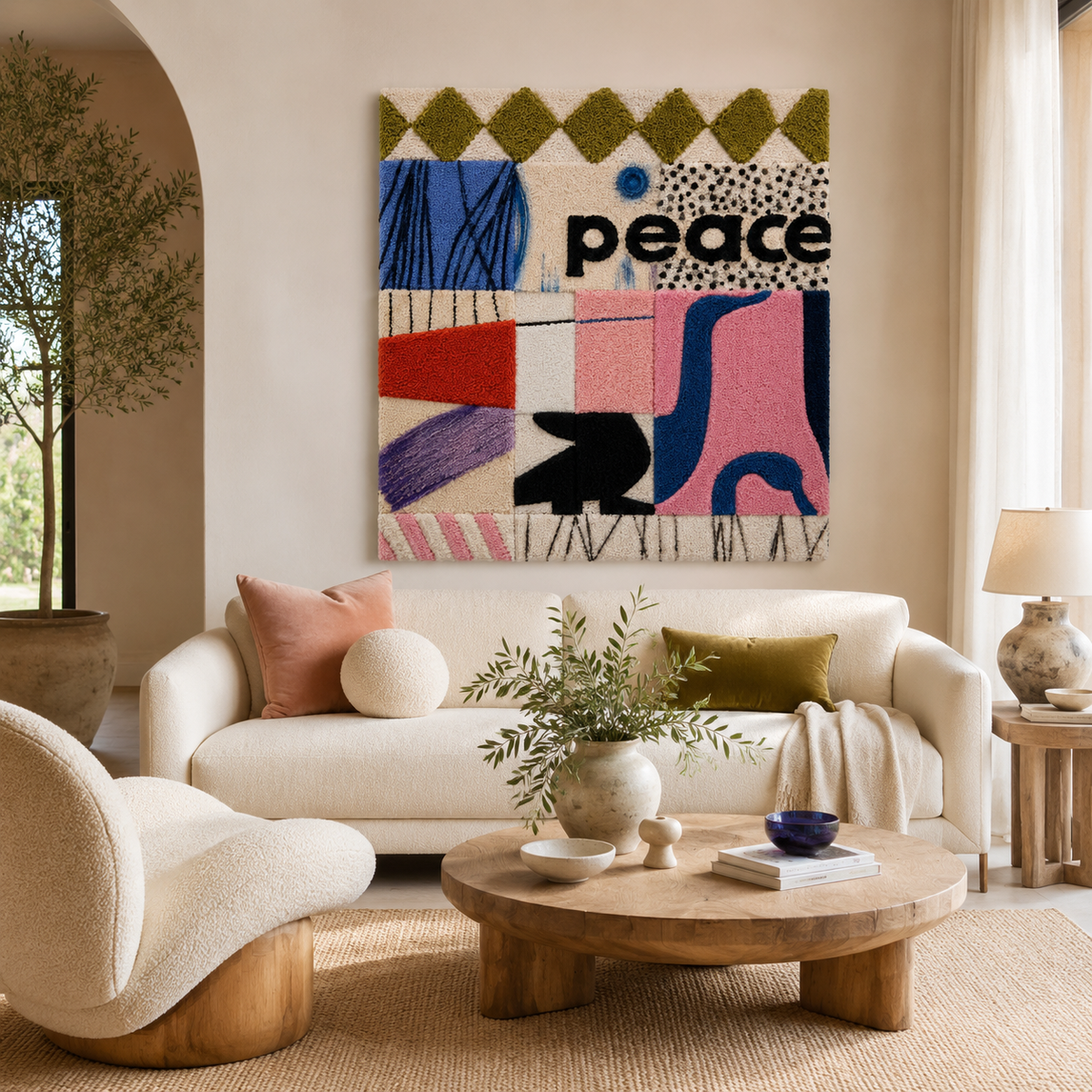 Hewn Earth Peace Cat Patchwork wall art featuring colorful patchwork design of a peaceful cat for home decor.