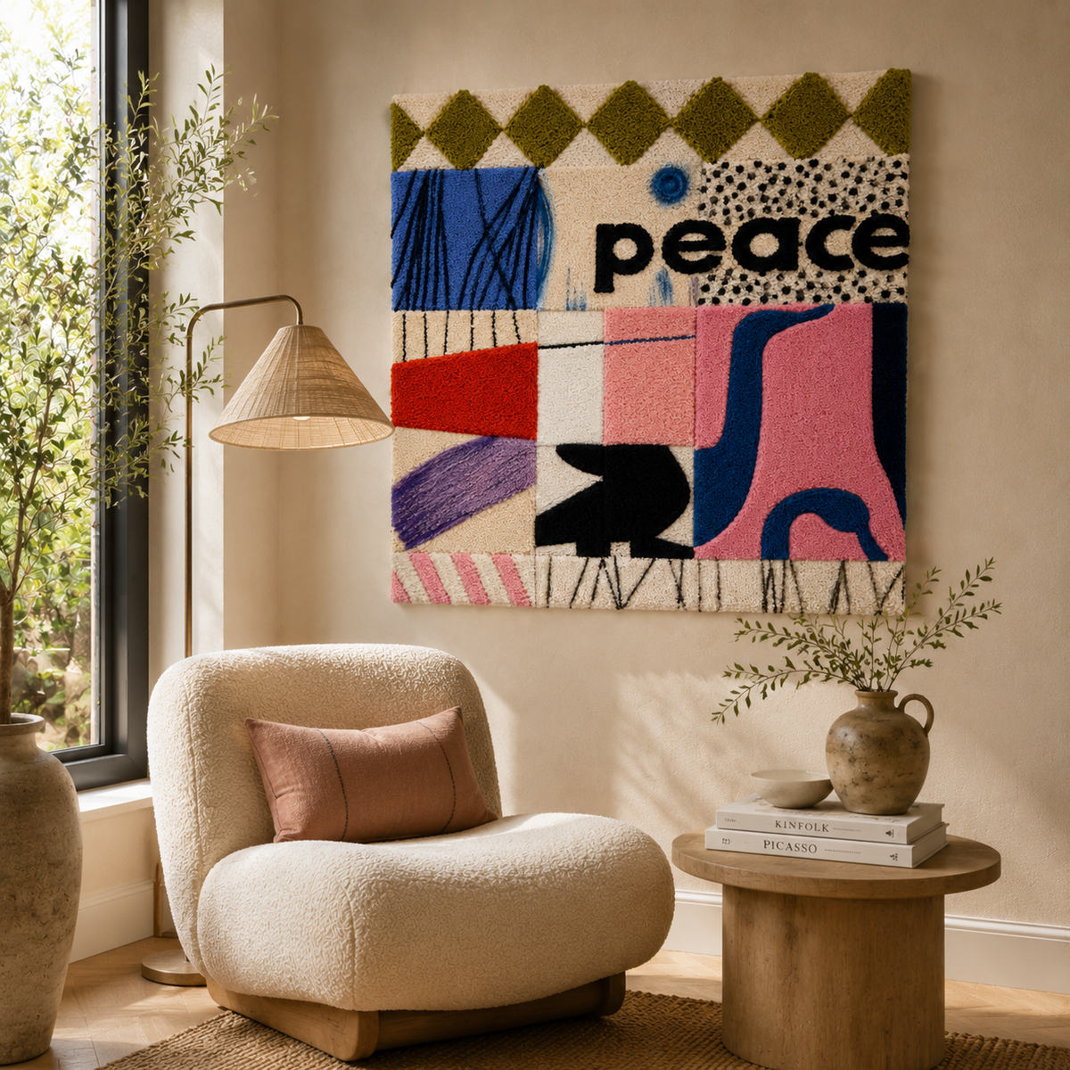 Colorful Peace Cat patchwork wall art by Hewn Earth featuring a whimsical cat design on a textured canvas background.
