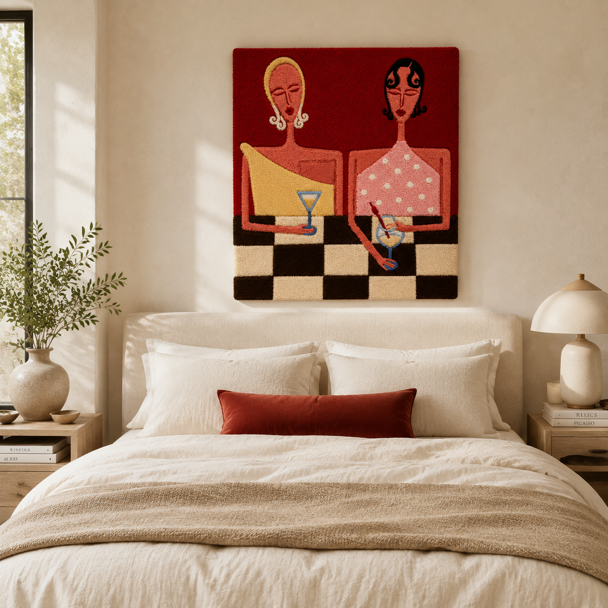 Wall art depicting an evening table for two scene, by Hewn Earth, featuring warm tones and intimate dining setting.