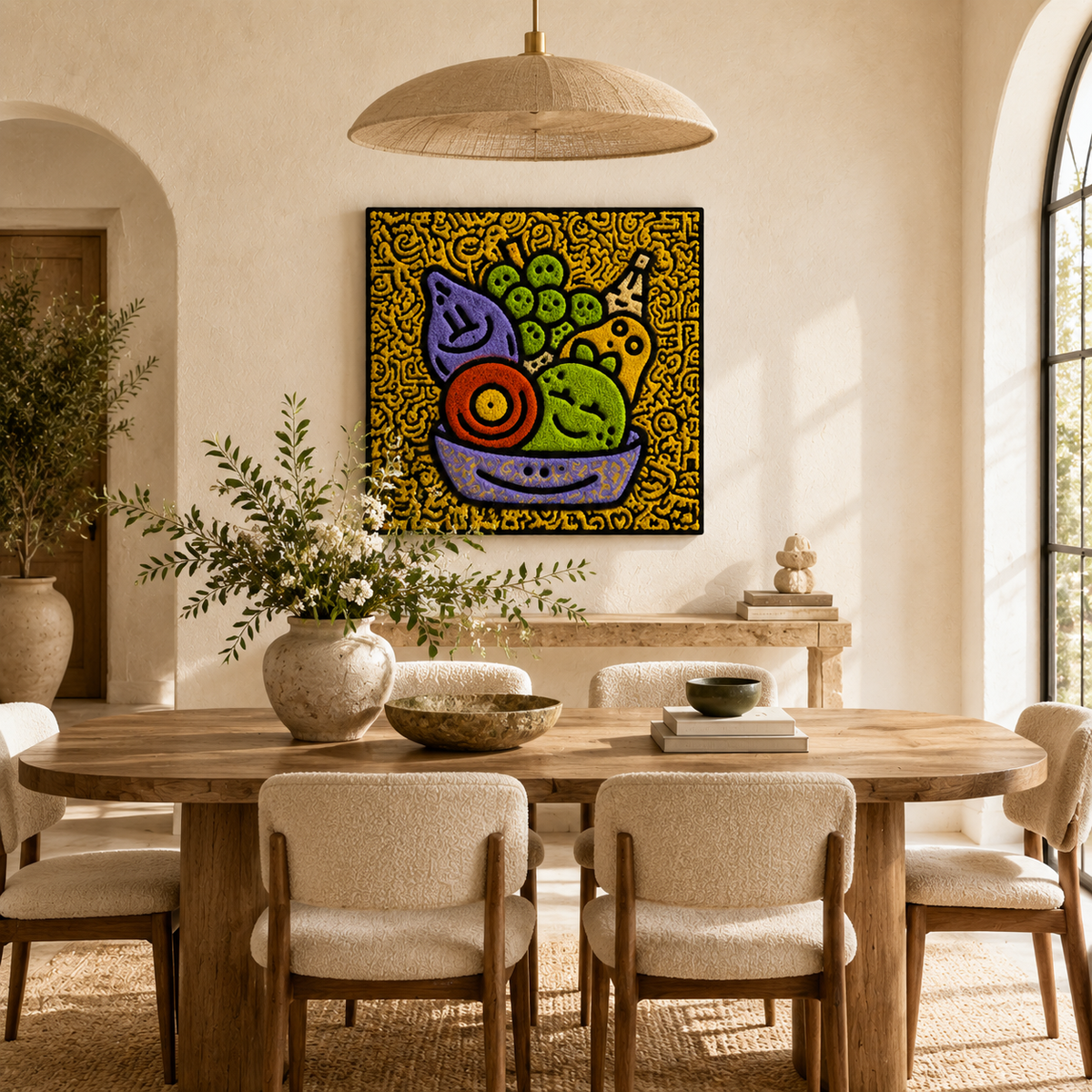 Neon Garden Coil wall art by Hewn Earth, featuring vibrant neon-colored coil design on a modern room wall.