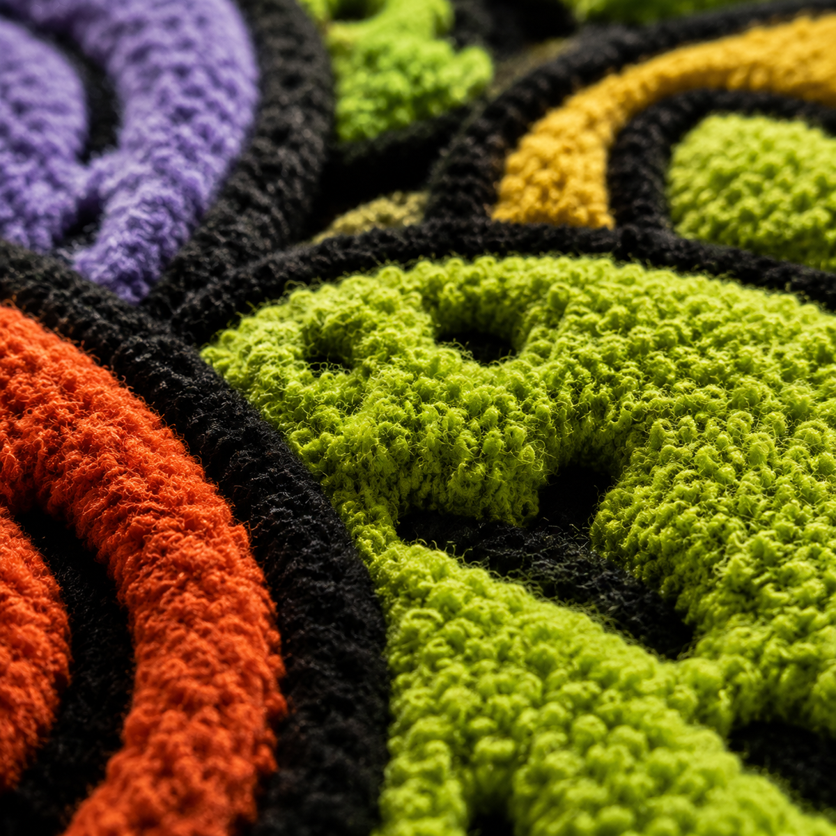 Close-up of Hewn Earth Neon Garden Coil wall art featuring vibrant neon colors and intricate coil design.
