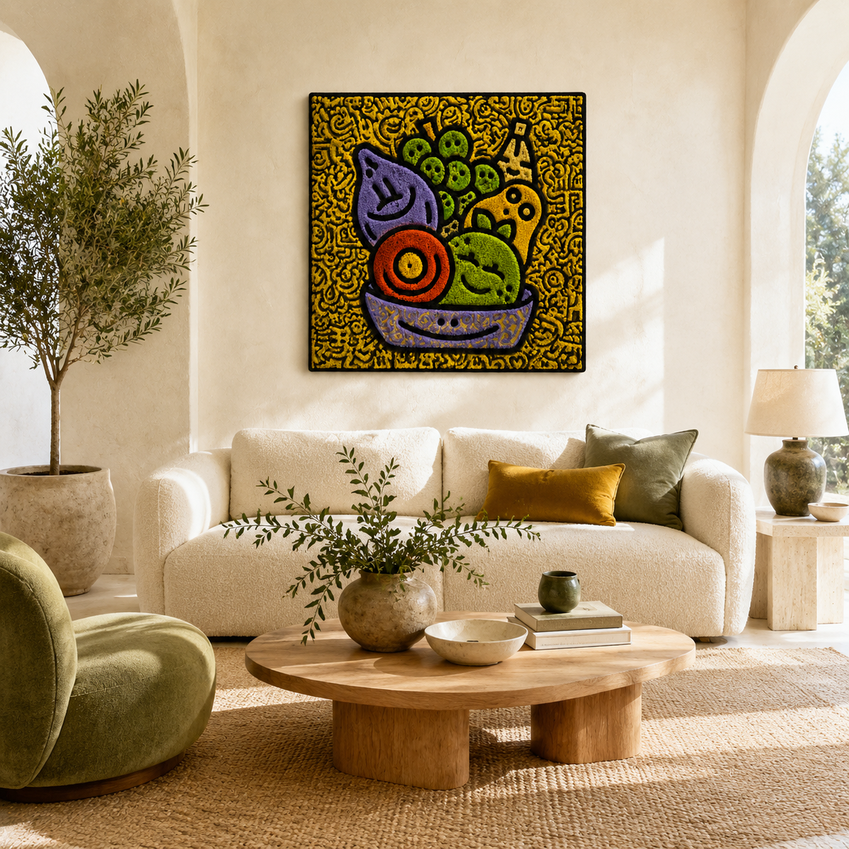 Neon Garden Coil wall art by Hewn Earth featuring glowing, colorful neon-inspired design on a dark background.