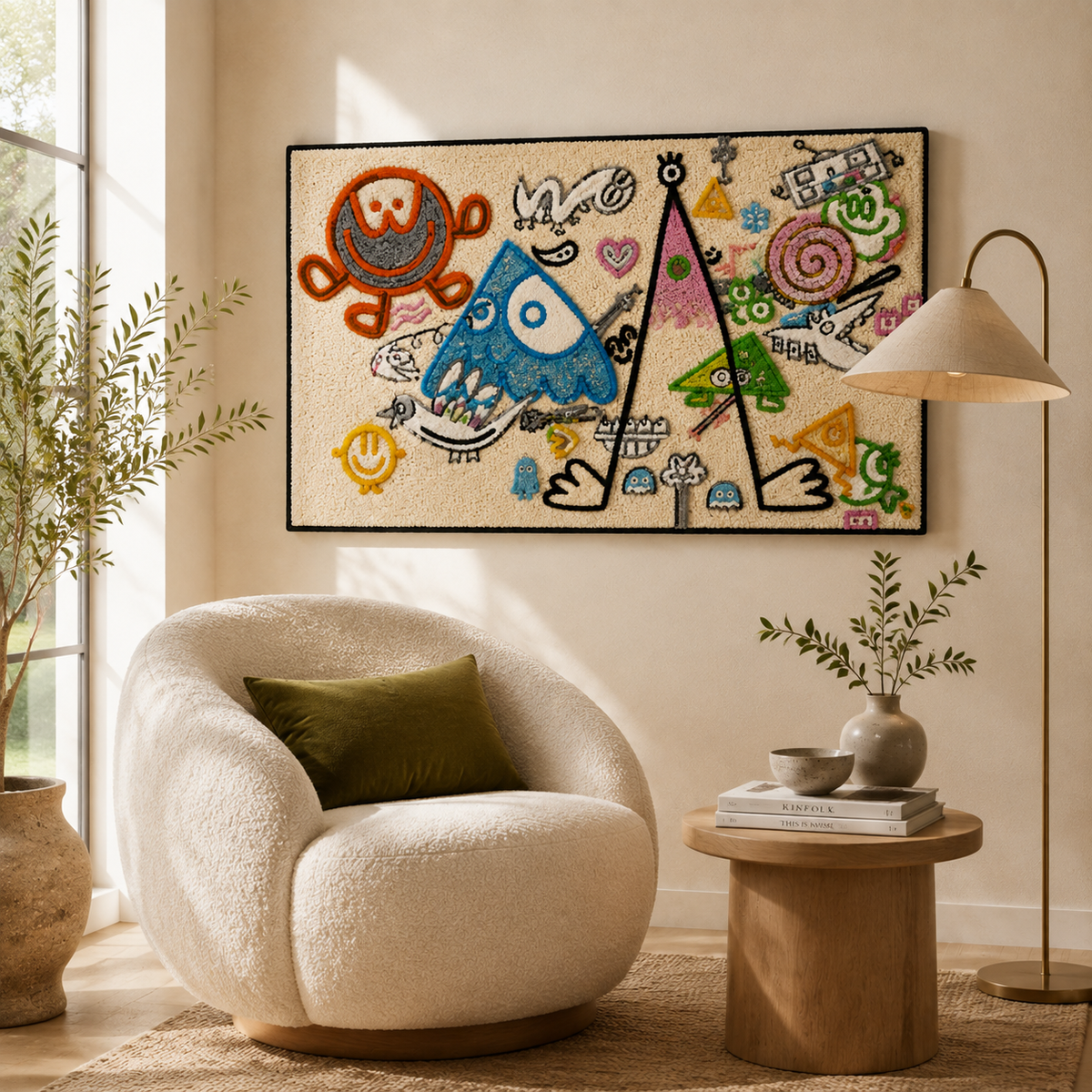 Hewn Earth Playground Geometry wall art featuring colorful geometric shapes on a wall in a modern room setting.