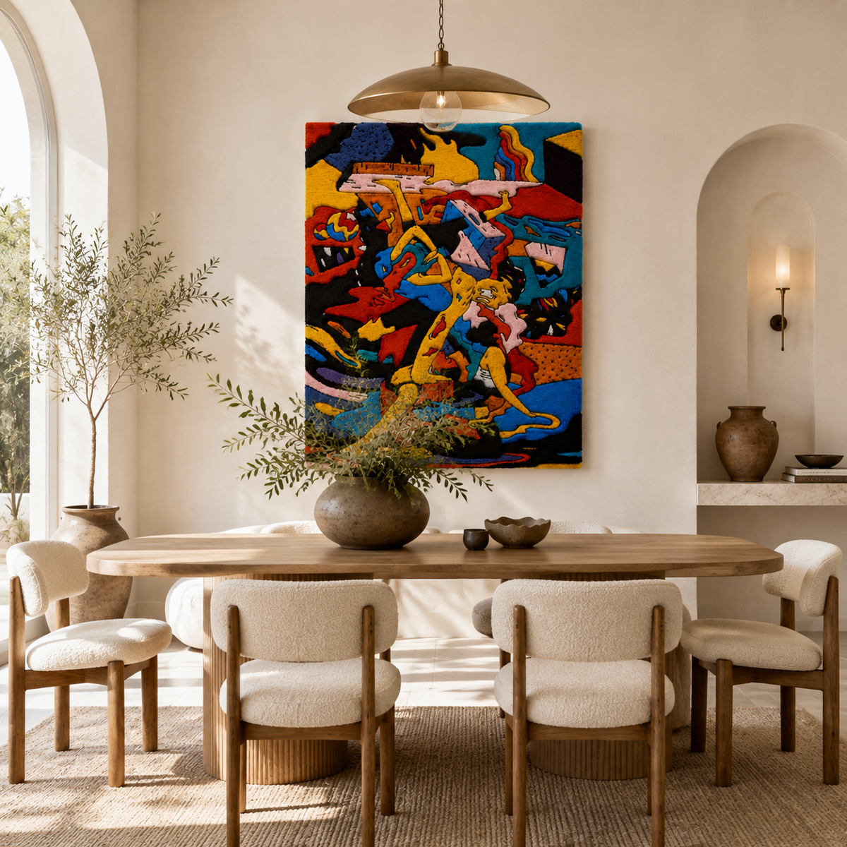Hewn Earth Carnival Motion wall art featuring vibrant, abstract design displayed on a modern interior wall.