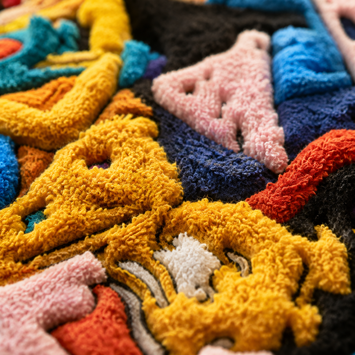 Close-up of Hewn Earth Carnival Motion wall art featuring vibrant, textured patterns and bold colors.