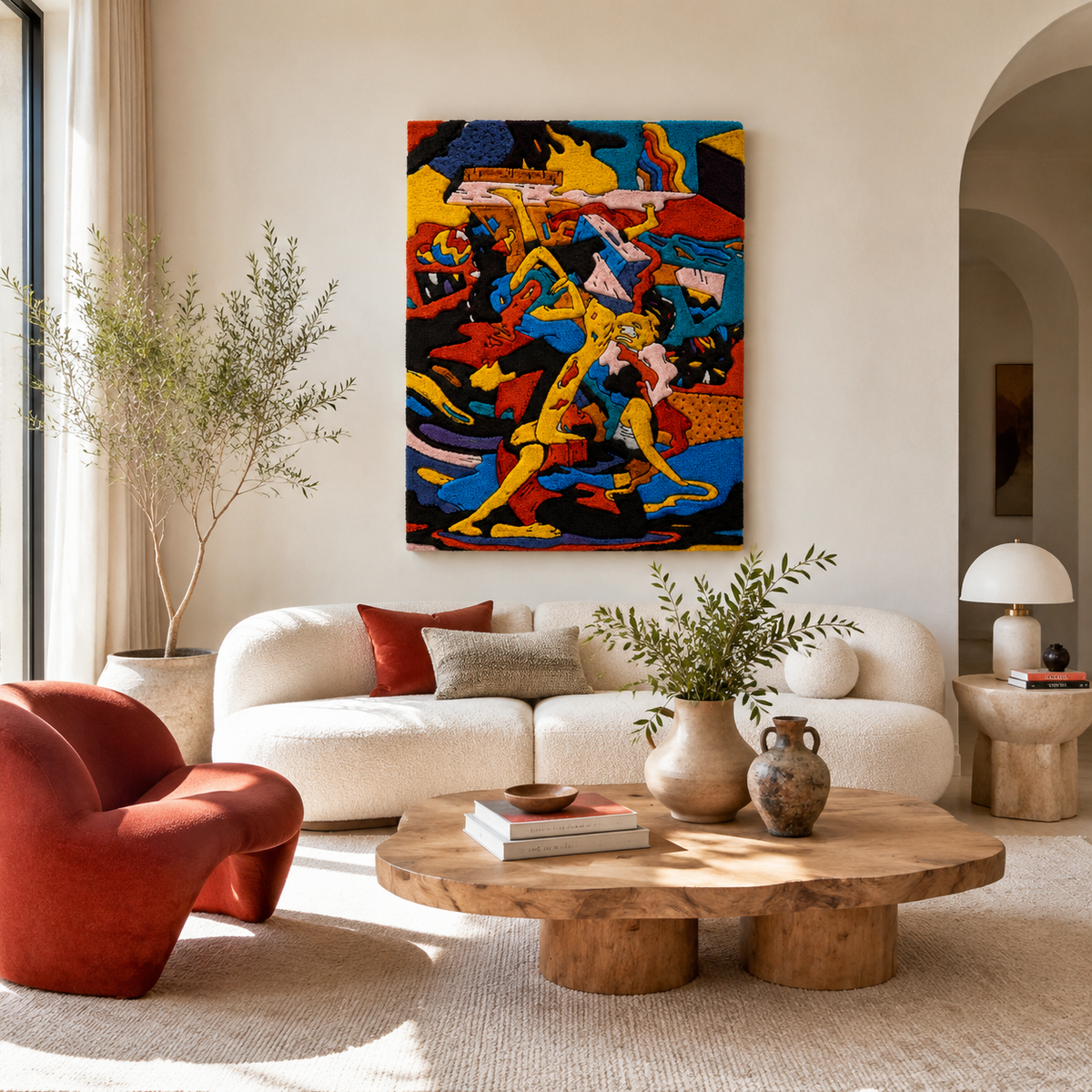 Hewn Earth Carnival Motion wall art featuring vibrant abstract design with bold colors and dynamic shapes.