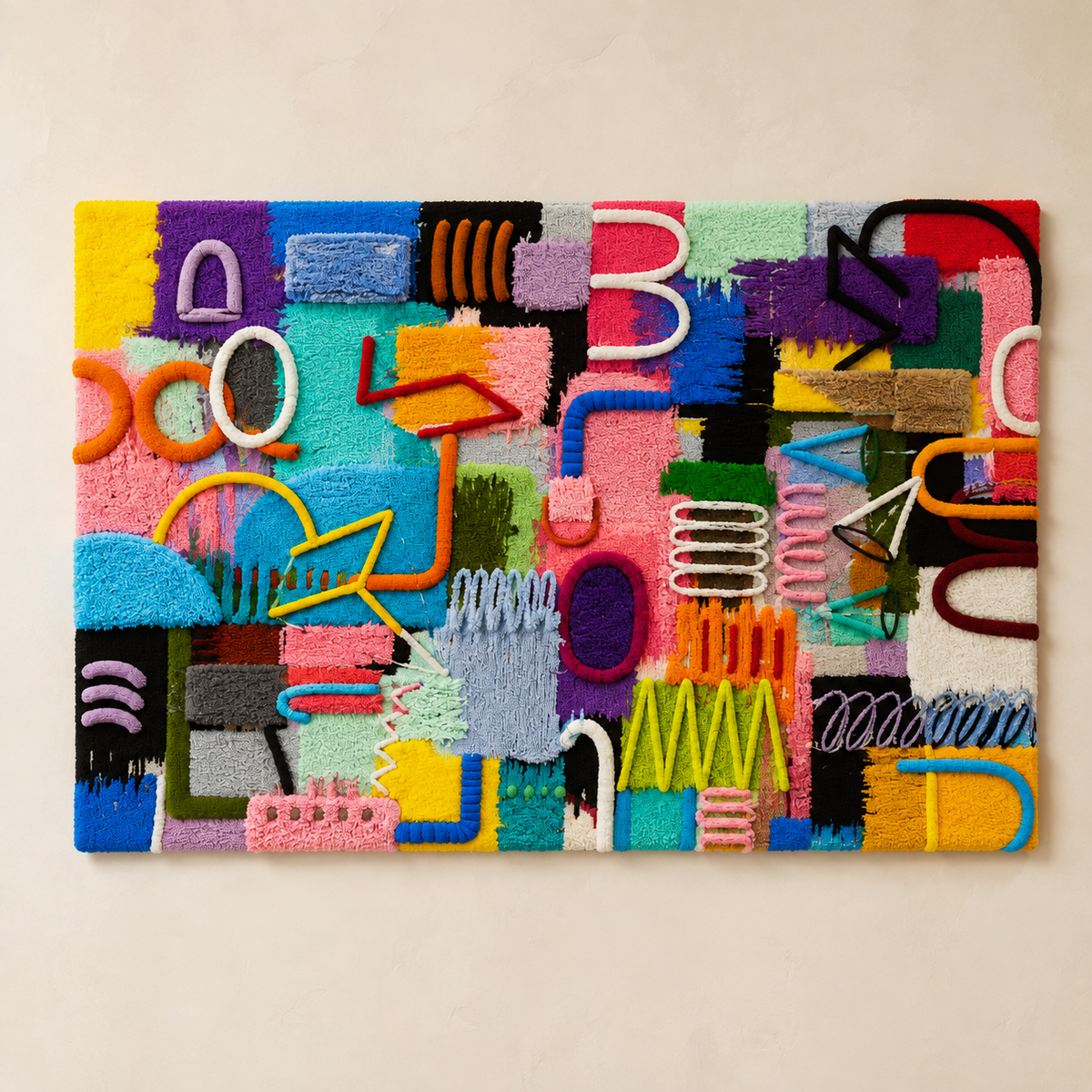Hewn Earth Studio Signal Field wall art featuring abstract geometric patterns in muted tones on a white background.