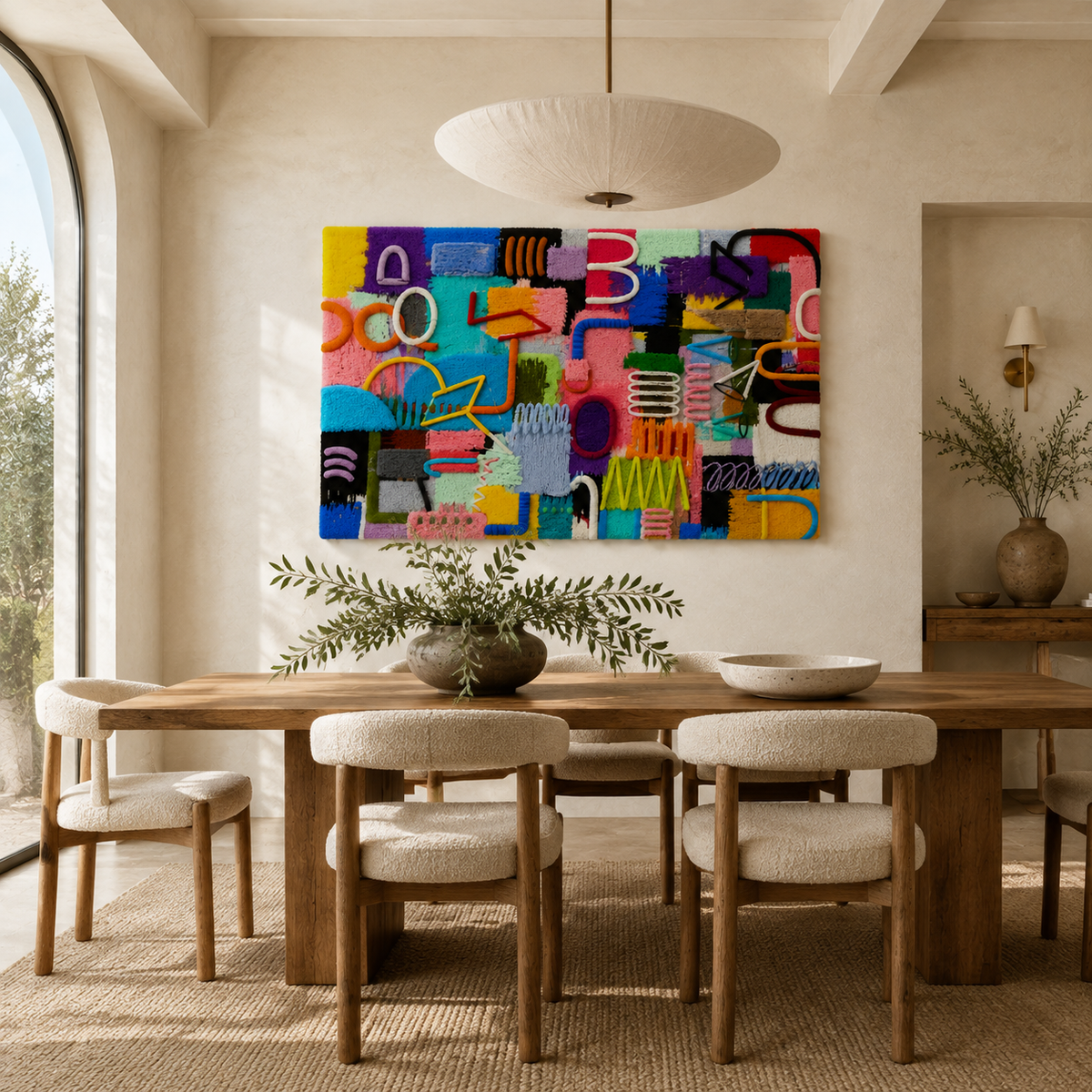 Hewn Earth Studio Signal Field wall art featuring abstract geometric shapes in earthy tones, mounted on a neutral background.