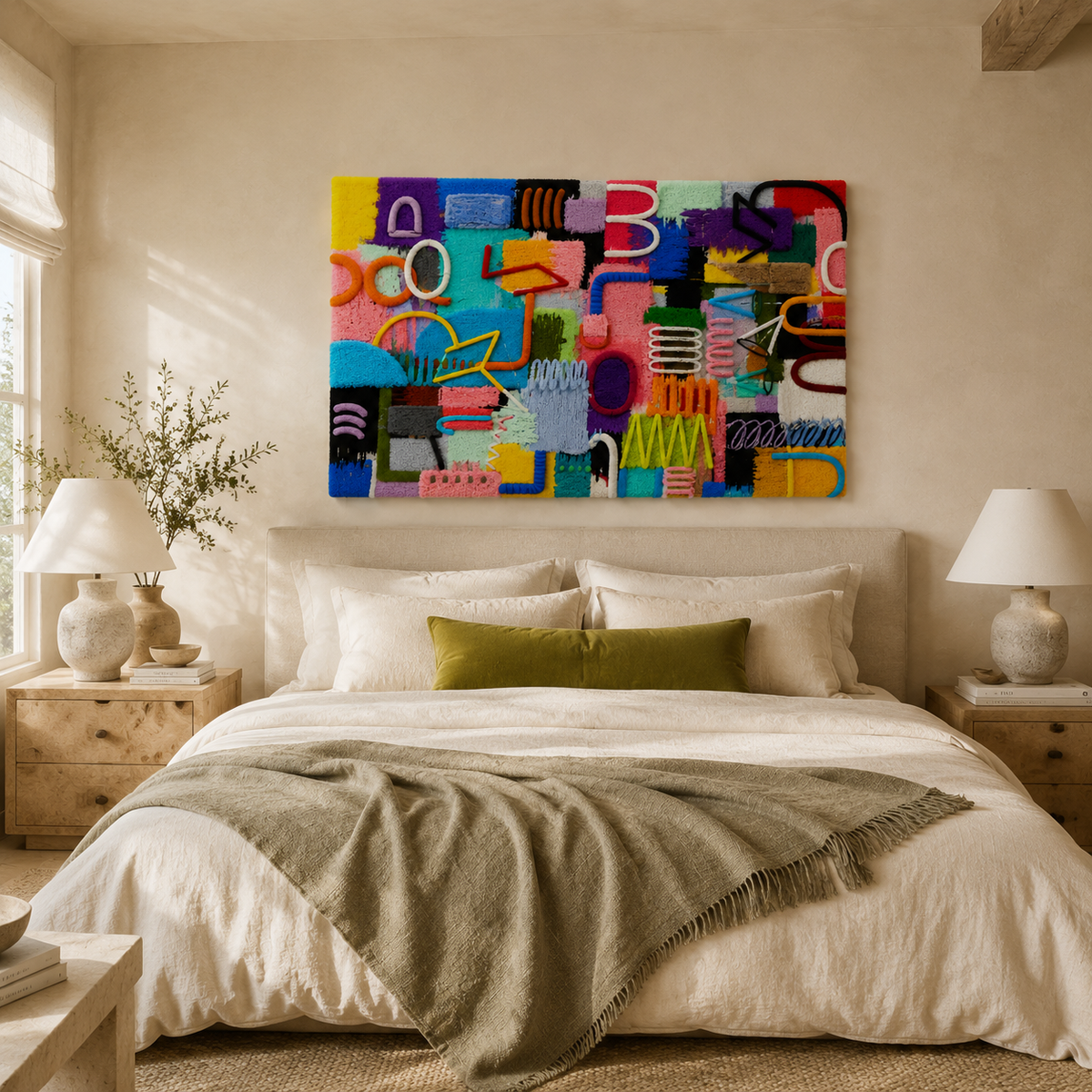 Hewn Earth Studio Signal Field wall art with abstract geometric design in neutral tones, suitable for modern interior decor.