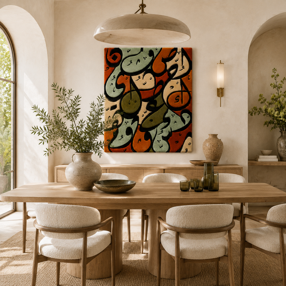 Hewn Earth Gathered Faces wall art featuring abstract face designs in earthy tones, suitable for modern home decor.