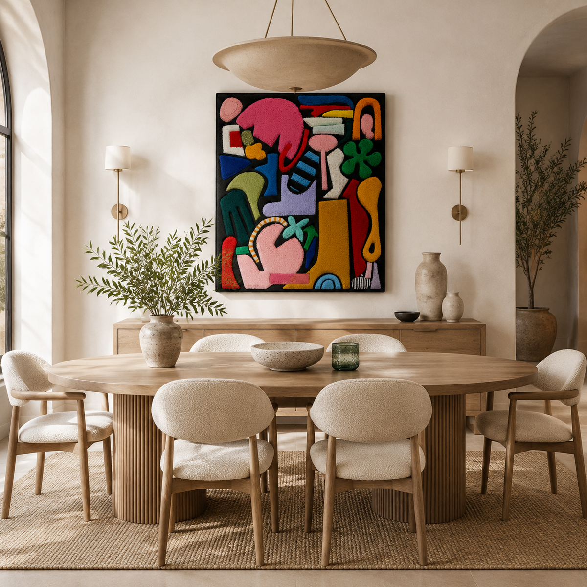 Hewn Earth Market Table Shapes wall art featuring colorful, abstract geometric shapes on a wall decor canvas.