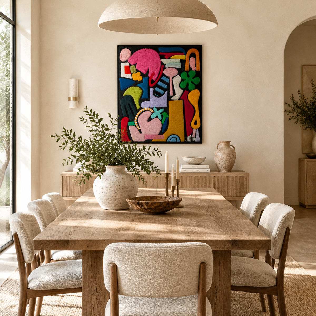 Hewn Earth Market Table Shapes wall art featuring abstract colorful geometric shapes for modern interior decor.