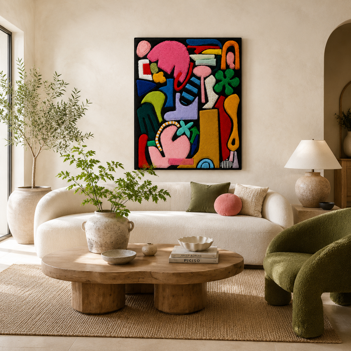 Hewn Earth Market Table Shapes wall art featuring abstract geometric shapes in various colors and sizes on a neutral background.