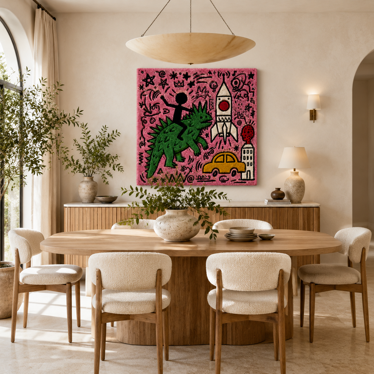 Hewn Earth Pink City Launch wall art featuring vibrant pink and abstract cityscape design for modern interior décor.