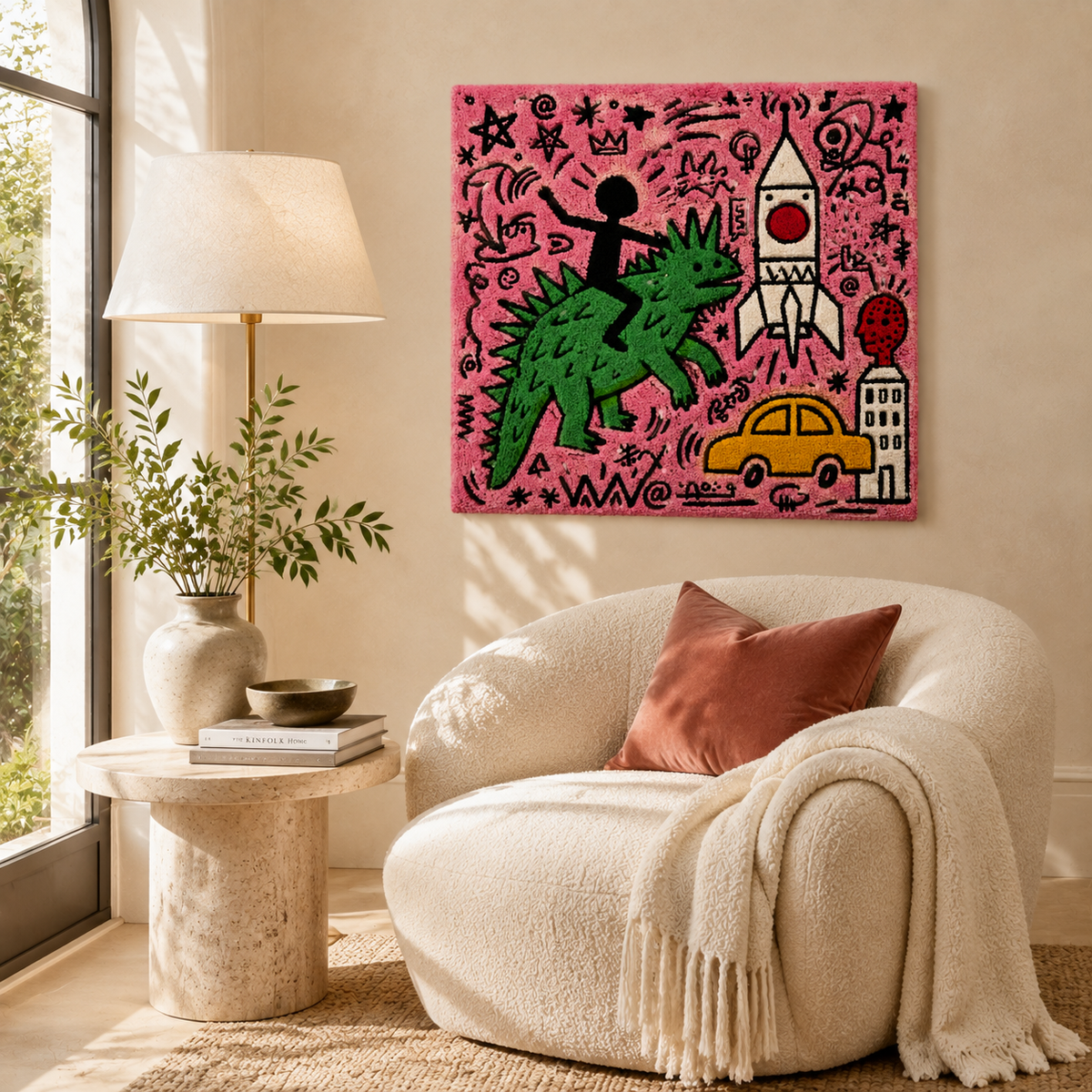 Hewn Earth Pink City Launch wall art featuring vibrant pink hues and abstract cityscape design, suitable for modern home decor.