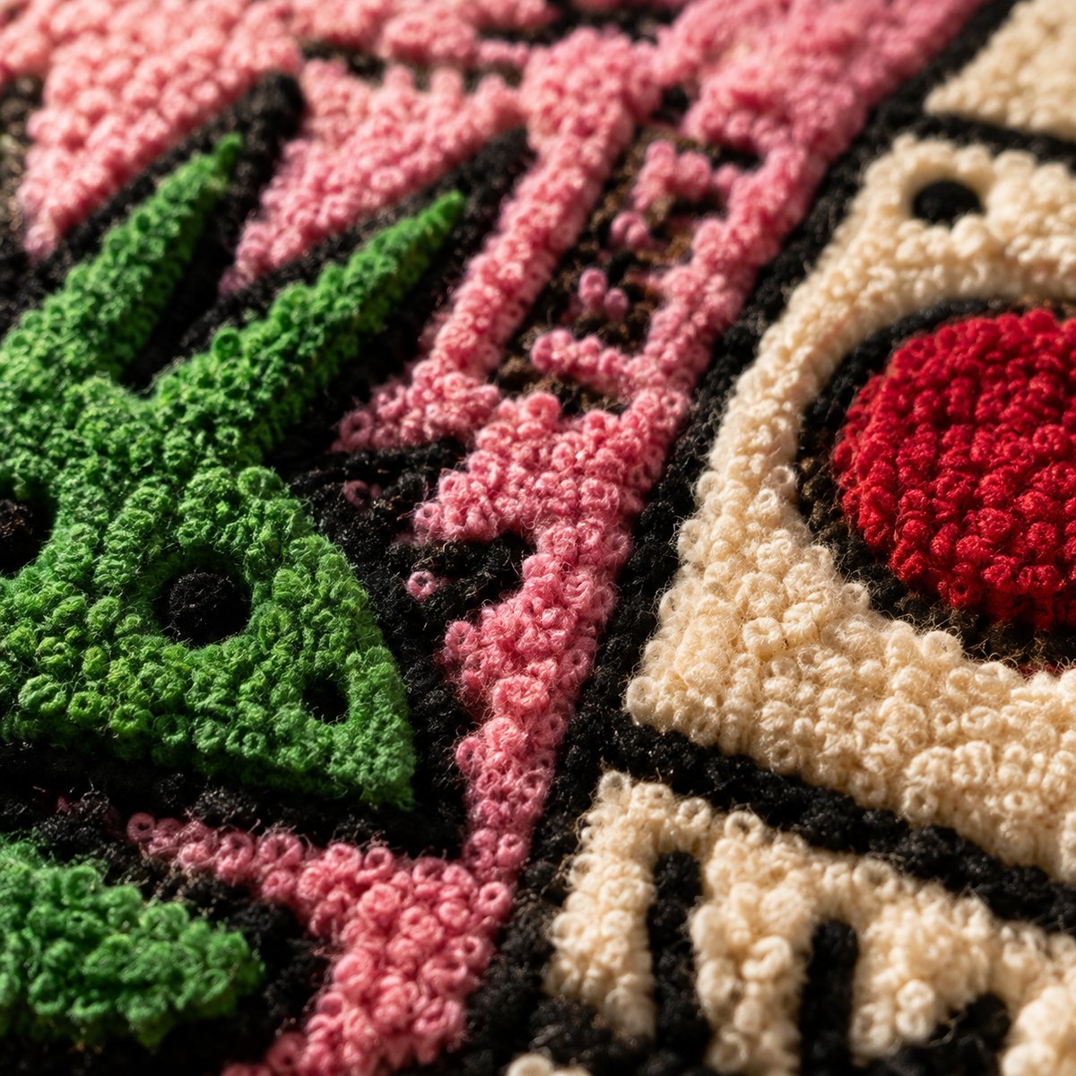 Close-up of Hewn Earth Pink City Launch wall art, showcasing vibrant pink colors and intricate design details.