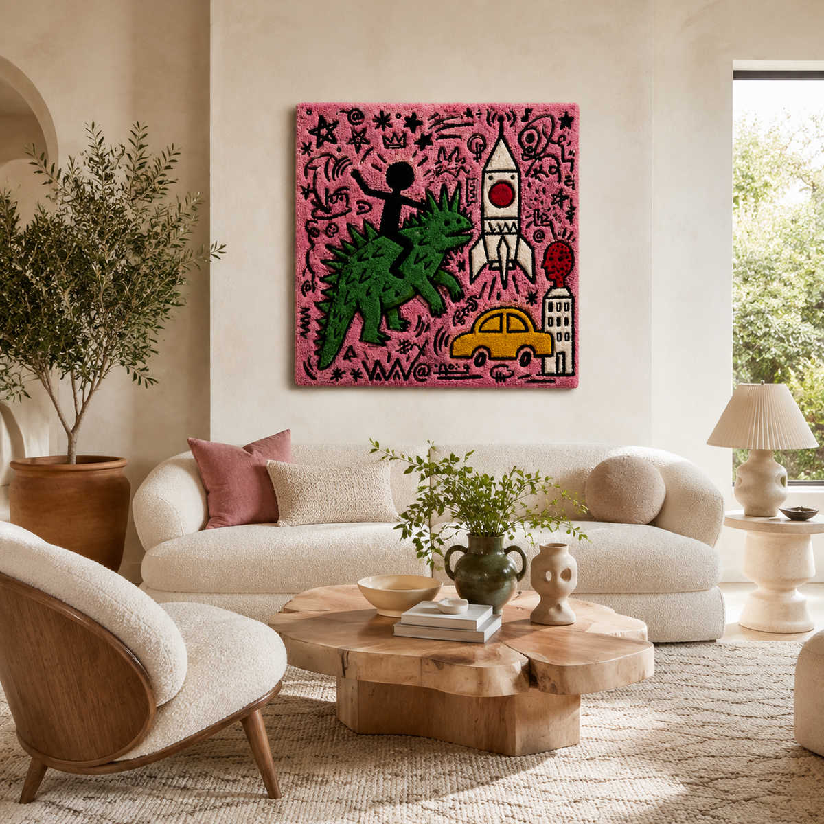 Pink City Launch wall art by Hewn Earth featuring vibrant pink and cityscape design, suitable for modern home decor.