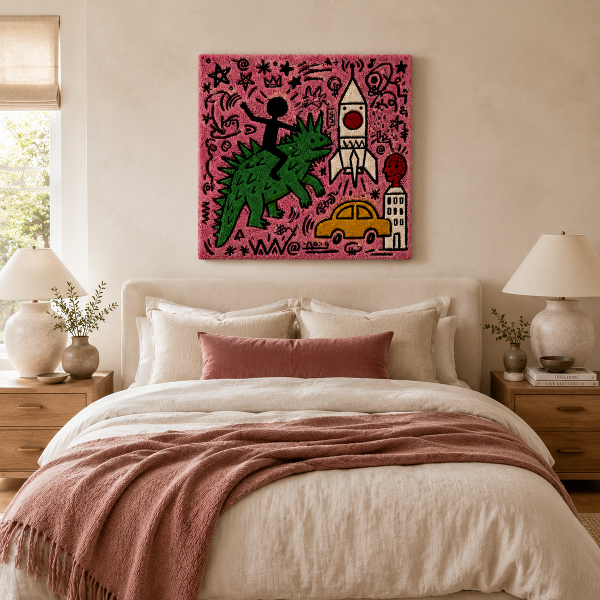 Pink City Launch wall art by Hewn Earth featuring vibrant pink and cityscape design on a canvas.