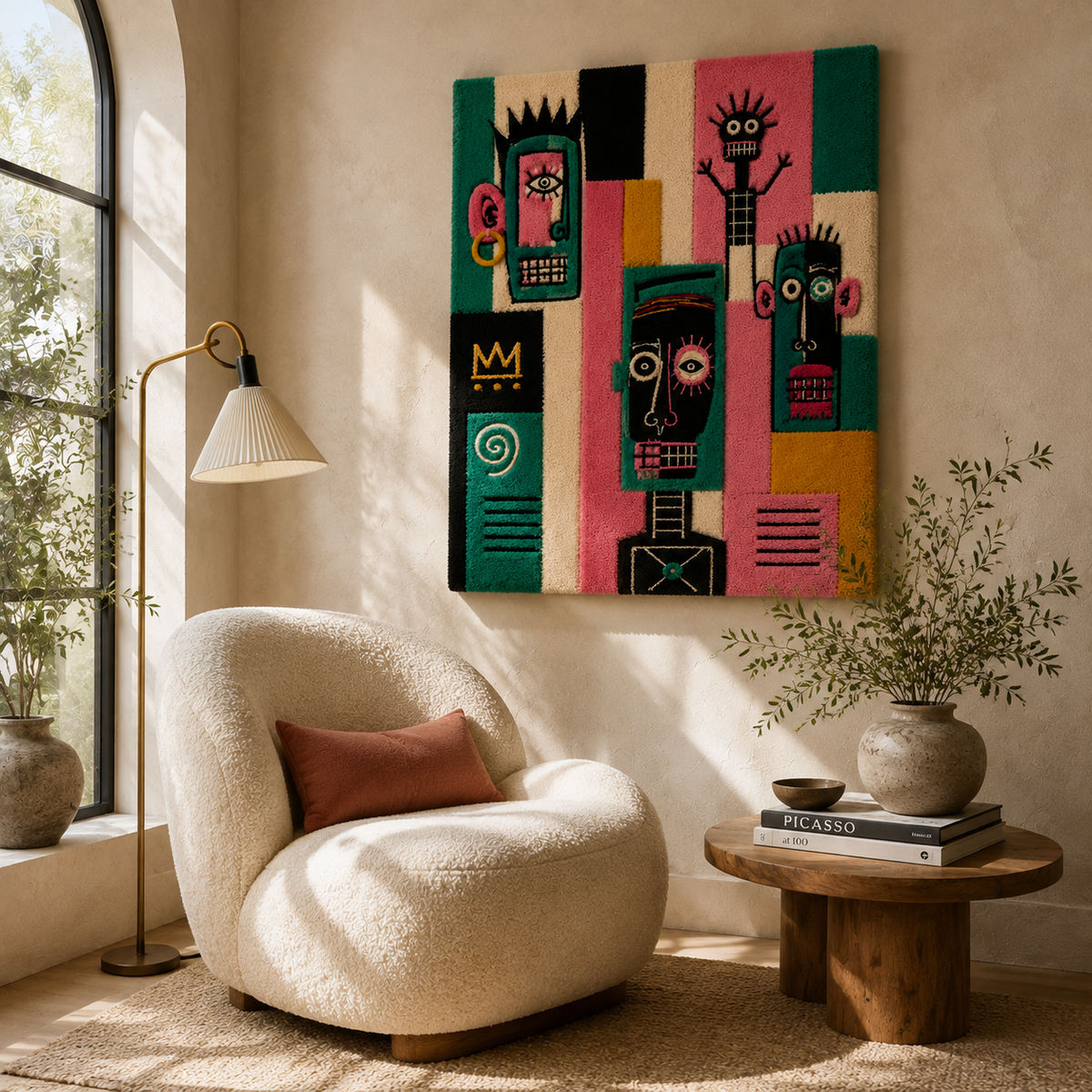 Hewn Earth Totem Street Chorus wall art featuring colorful abstract design on a white background.