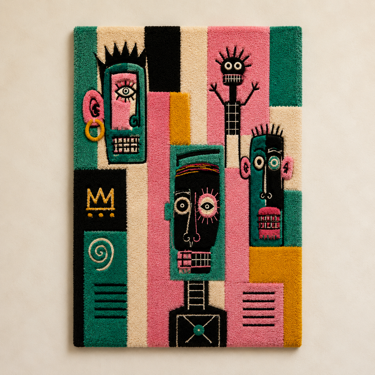 Hewn Earth Totem Street Chorus wall art featuring vibrant, abstract design with bold colors and intricate patterns.