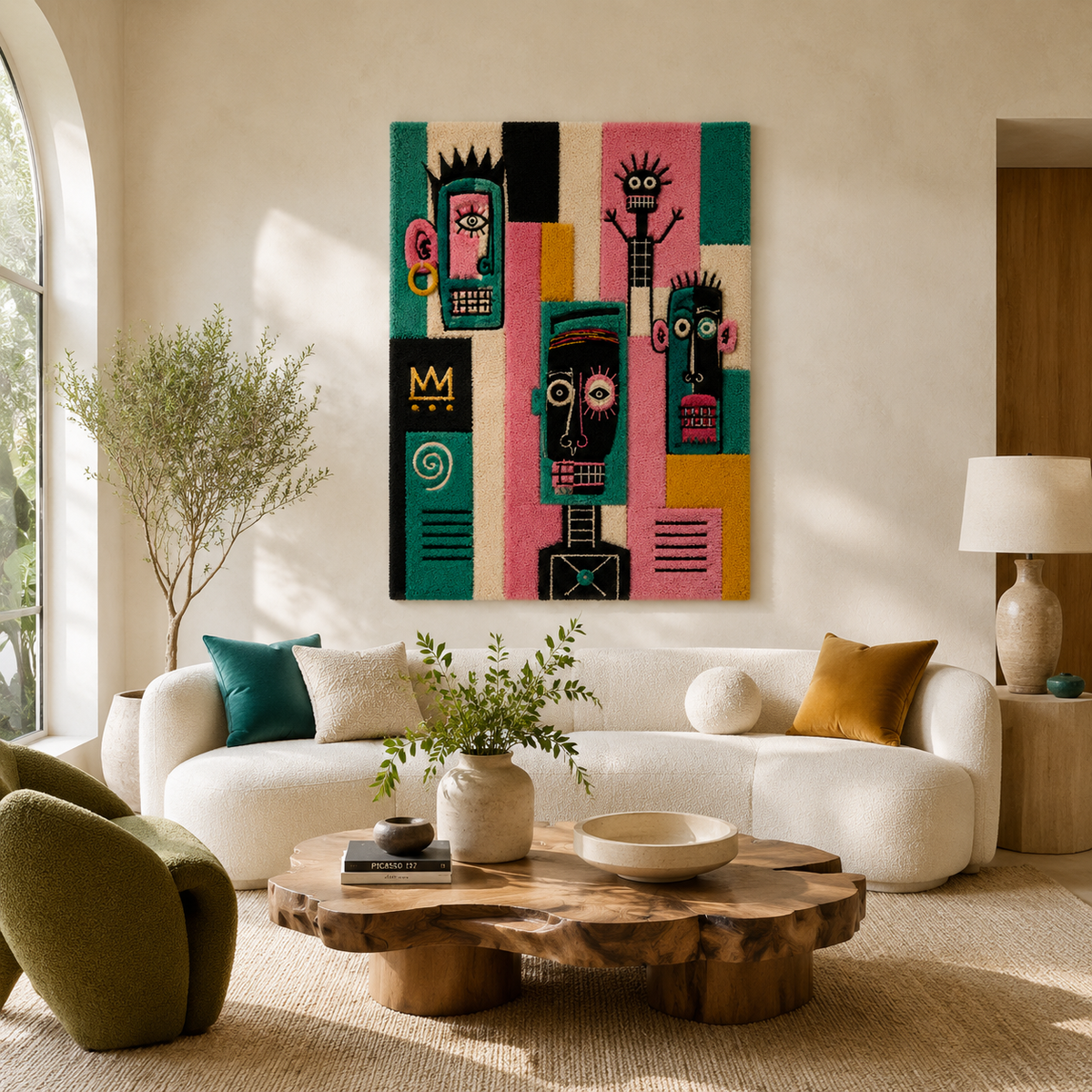 Hewn Earth Totem Street Chorus wall art featuring abstract colorful geometric patterns on a wall.