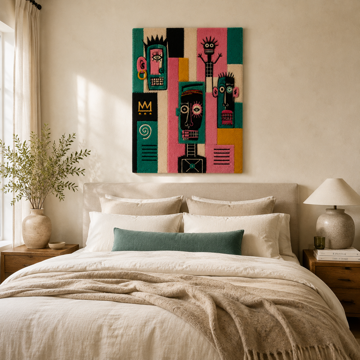 Hewn Earth Totem Street Chorus wall art featuring vibrant, abstract design on a textured surface suitable for modern interior decor.