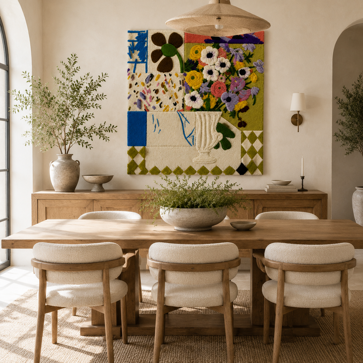 Hewn Earth Patchwork Meadow Vase wall art featuring a vibrant patchwork meadow design, displayed on a wall.