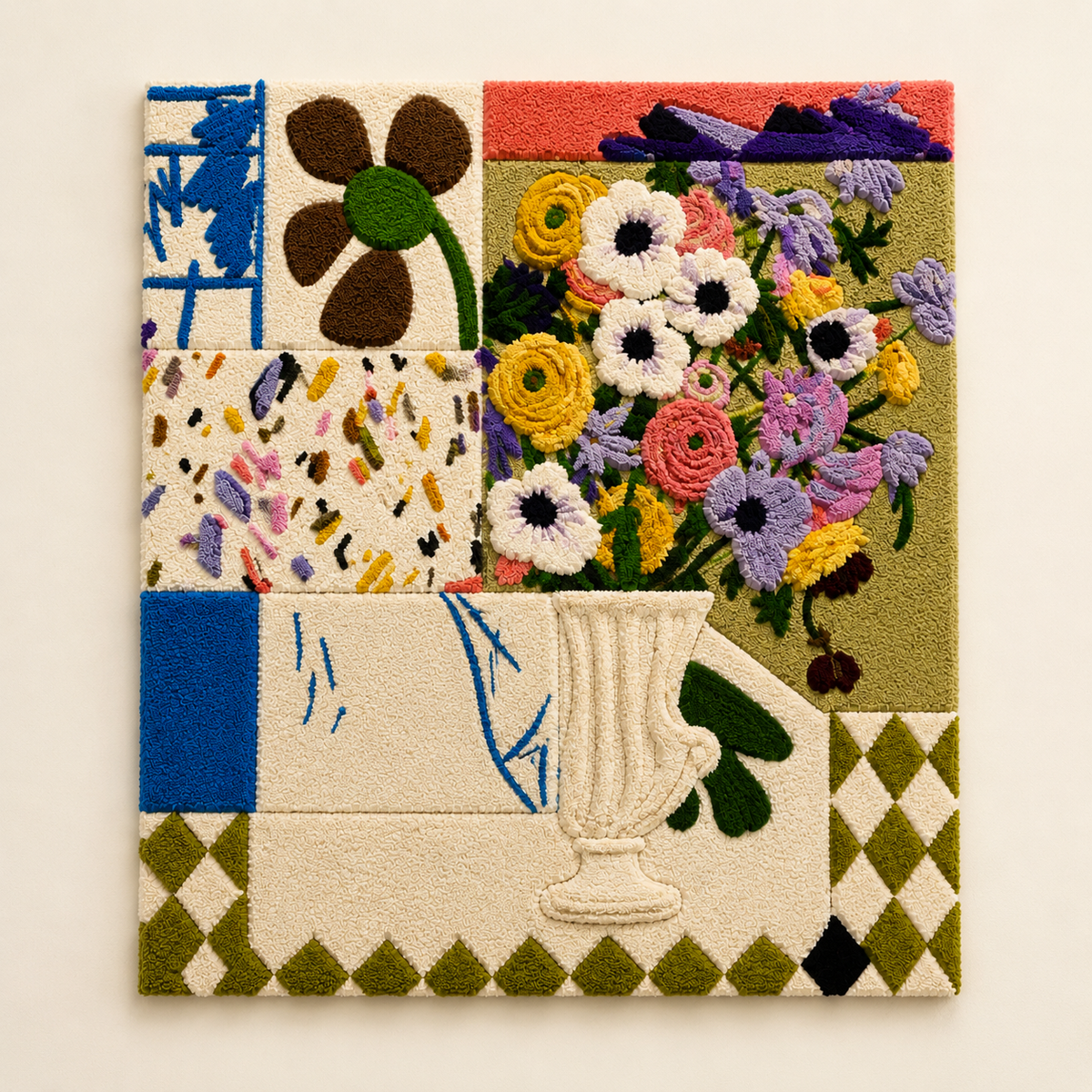 Hewn Earth Patchwork Meadow Vase wall art featuring a colorful, textured patchwork design on a neutral background.