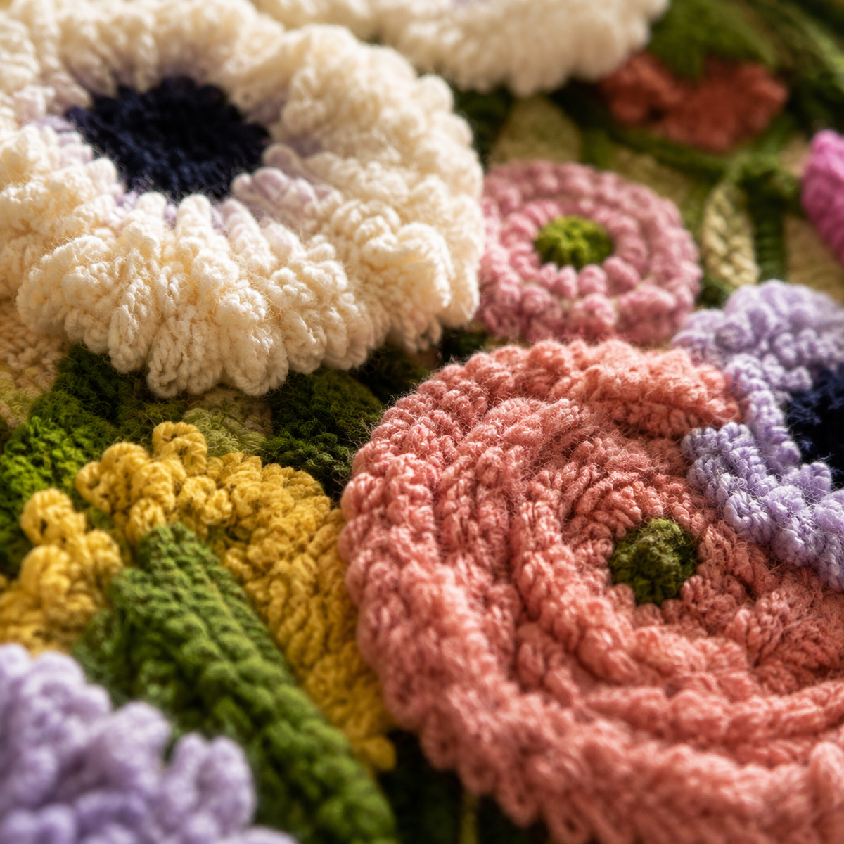 Close-up of Hewn Earth Patchwork Meadow Vase wall art with vibrant patchwork floral design in a detailed, colorful display.