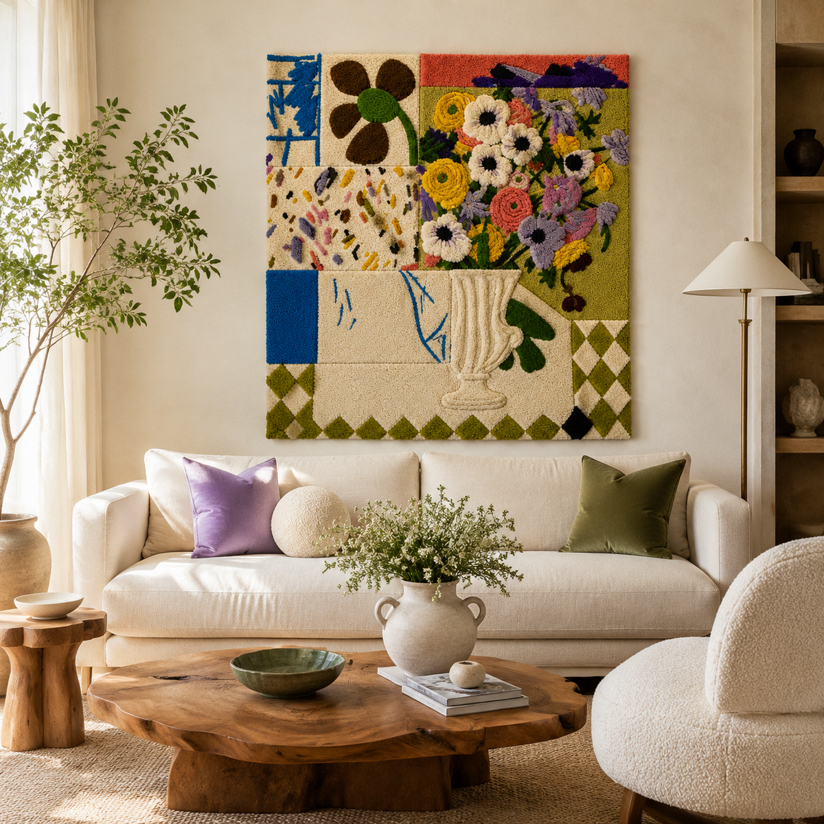 Hewn Earth Patchwork Meadow Wall Art vase with colorful patchwork design, displayed on a neutral background.