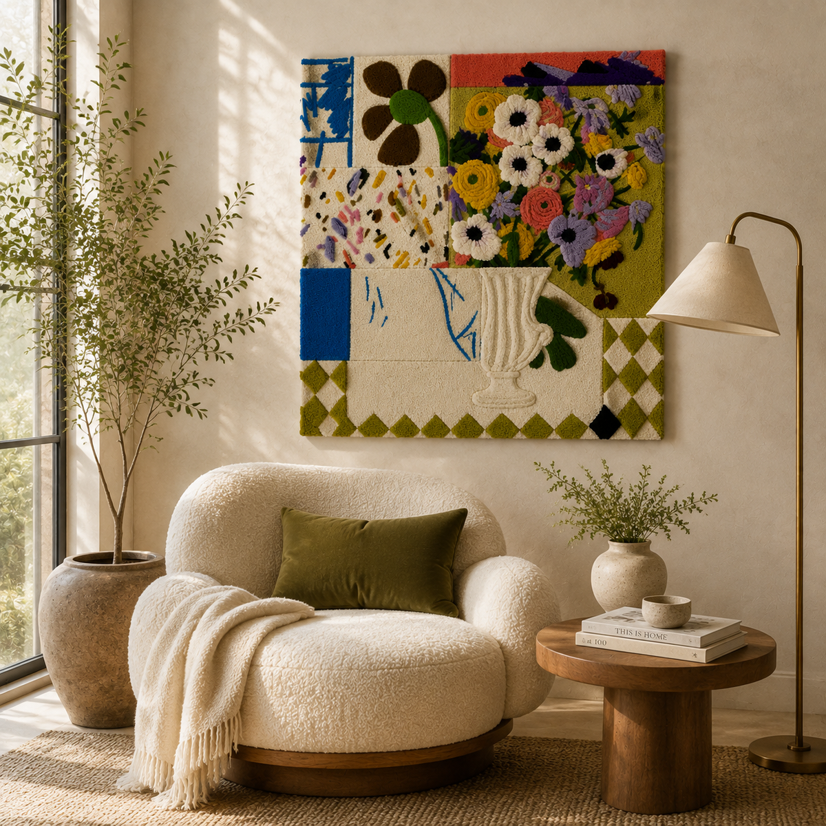 Hewn Earth Patchwork Meadow Vase wall art featuring colorful patchwork floral design on a textured background.