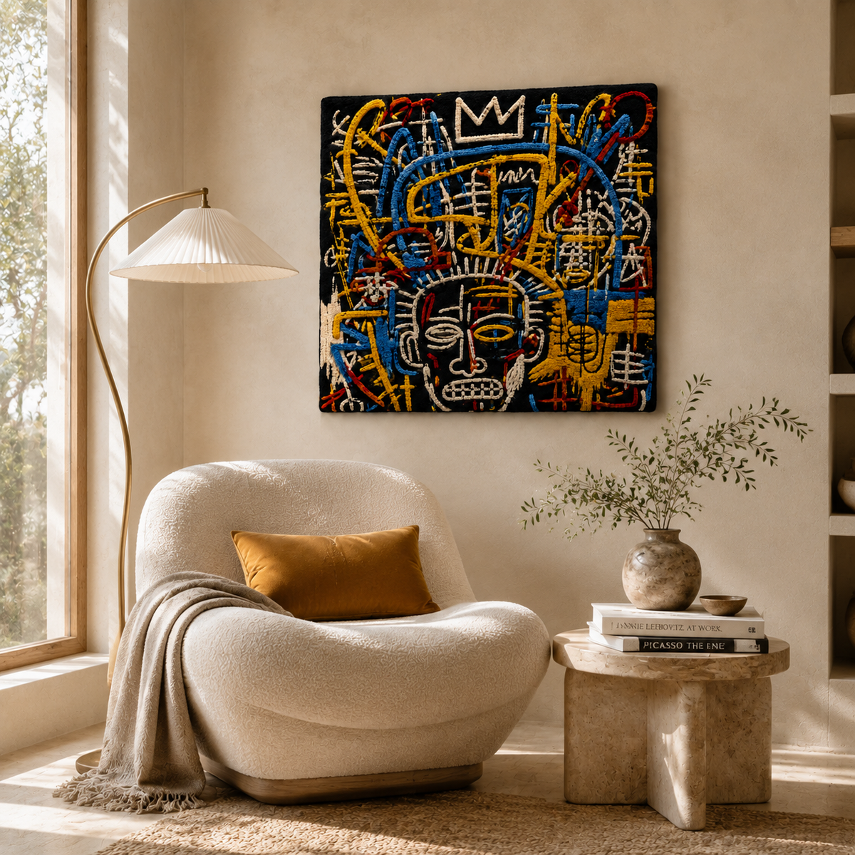Golden Crown graffiti wall art by Hewn Earth displayed on a room wall, featuring vibrant gold spray paint design.