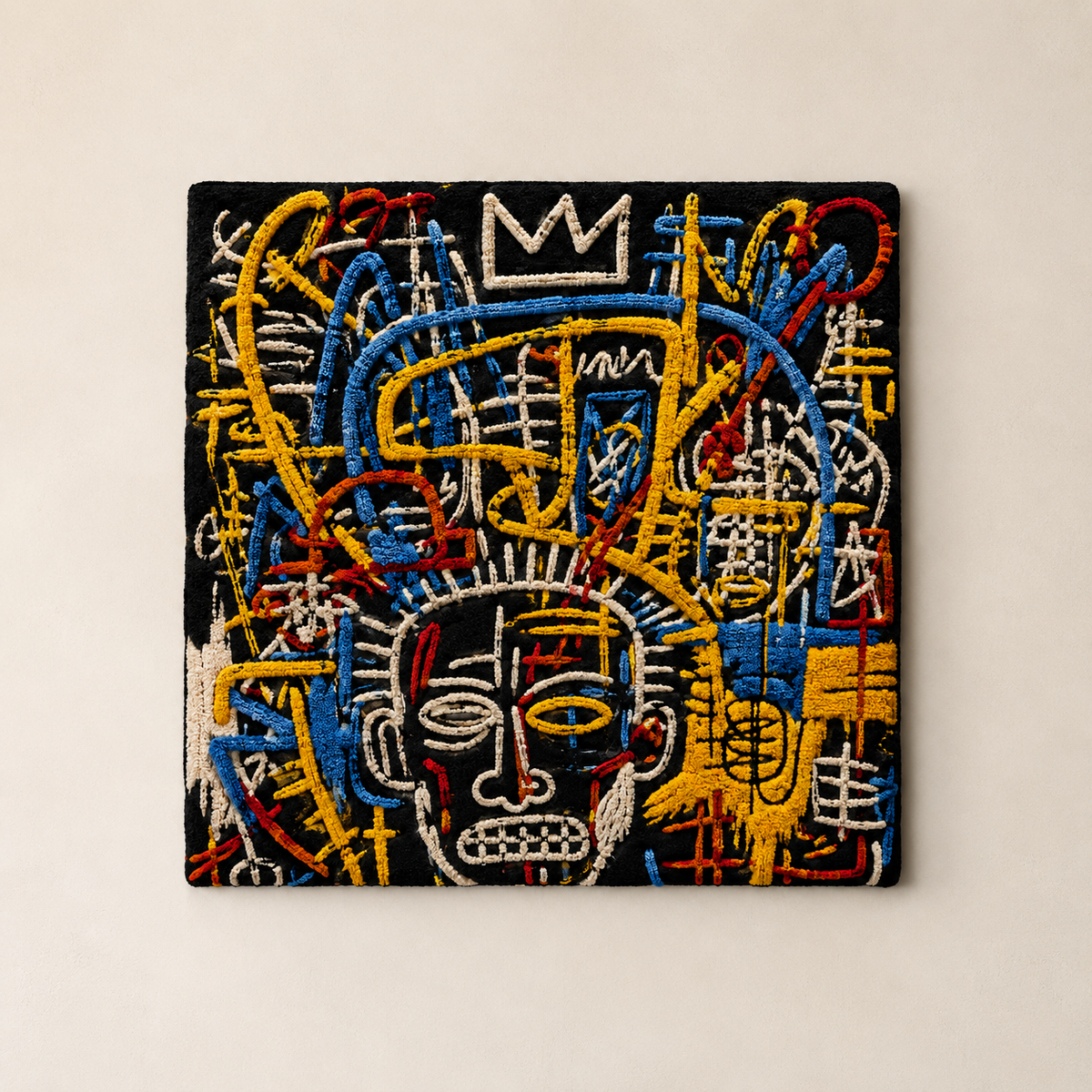 Golden Crown graffiti wall art by Hewn Earth featuring vibrant gold-colored crown design on a textured background.