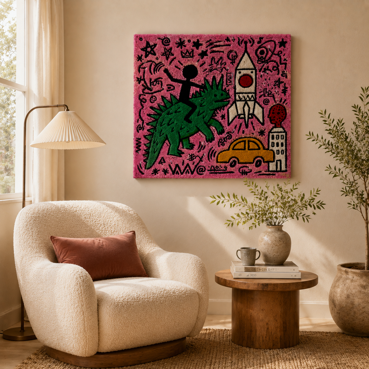 Hewn Earth Rose Rocket City wall art featuring a vibrant, detailed illustration of a rocket in a cityscape background.
