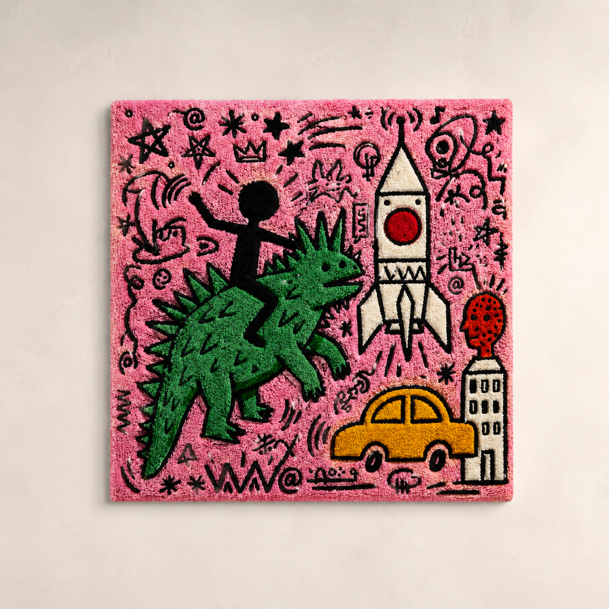 Hewn Earth Rose Rocket City wall art featuring vibrant rose and cityscape design on a light background.