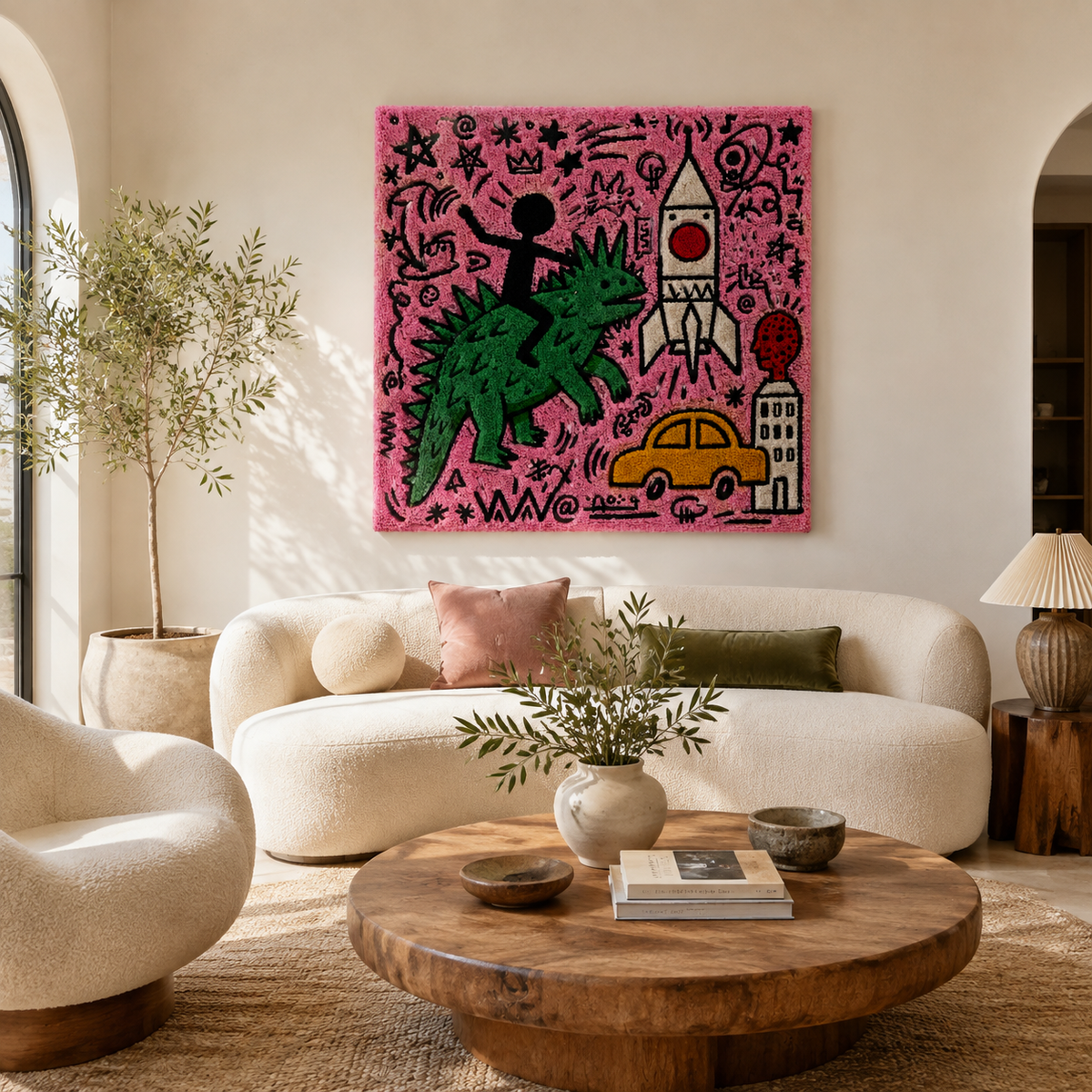 Hewn Earth Rose Rocket City wall art featuring a vibrant, detailed illustration of a rocket against a cityscape background.